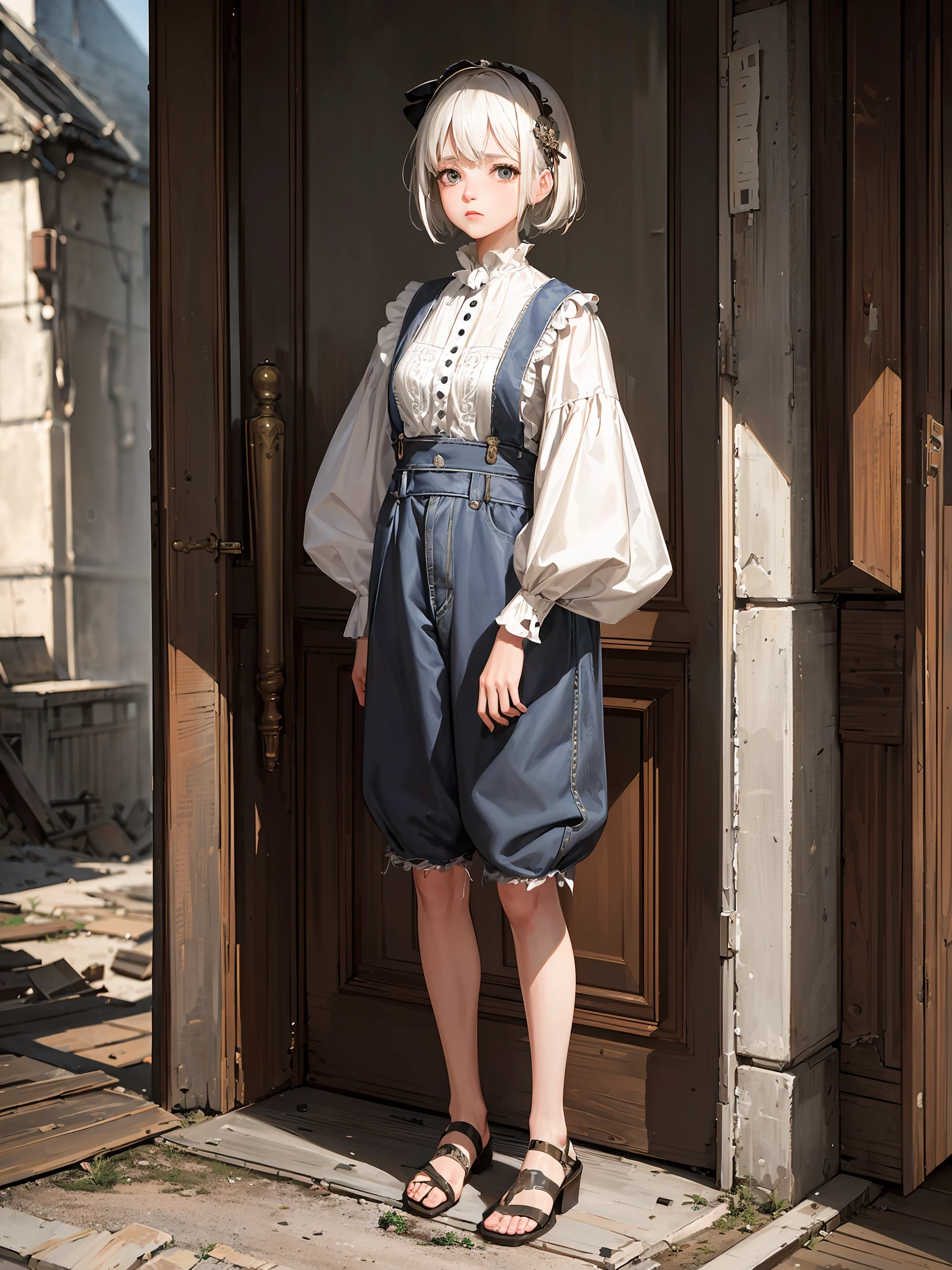 (Masterpiece, high resolution, super detailed, absurd) detailed background, (1 girl), shabby clothes, worn pants, white hair, short hair, 30 year old woman, a little wrinkled, facing the camera, full body portrait, sadness, anger, background shabby house, rundown background