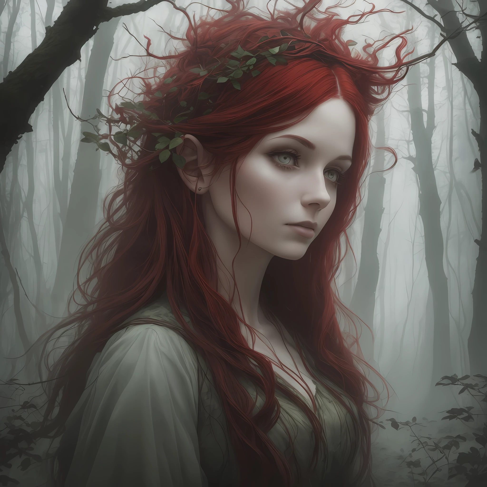 arafed woman with long red hair standing in a foggy forest, inspired by Darek Zabrocki, moody misty fantasy art, atmospheric portrait, ethereal beauty, portrait of a dryad, detailed hair foggy, inspired by Bastien L. Deharme, fantasy photography, woman in a dark forest, fantasy portrait, forest soul, beautiful with eerie vibes --auto --s2