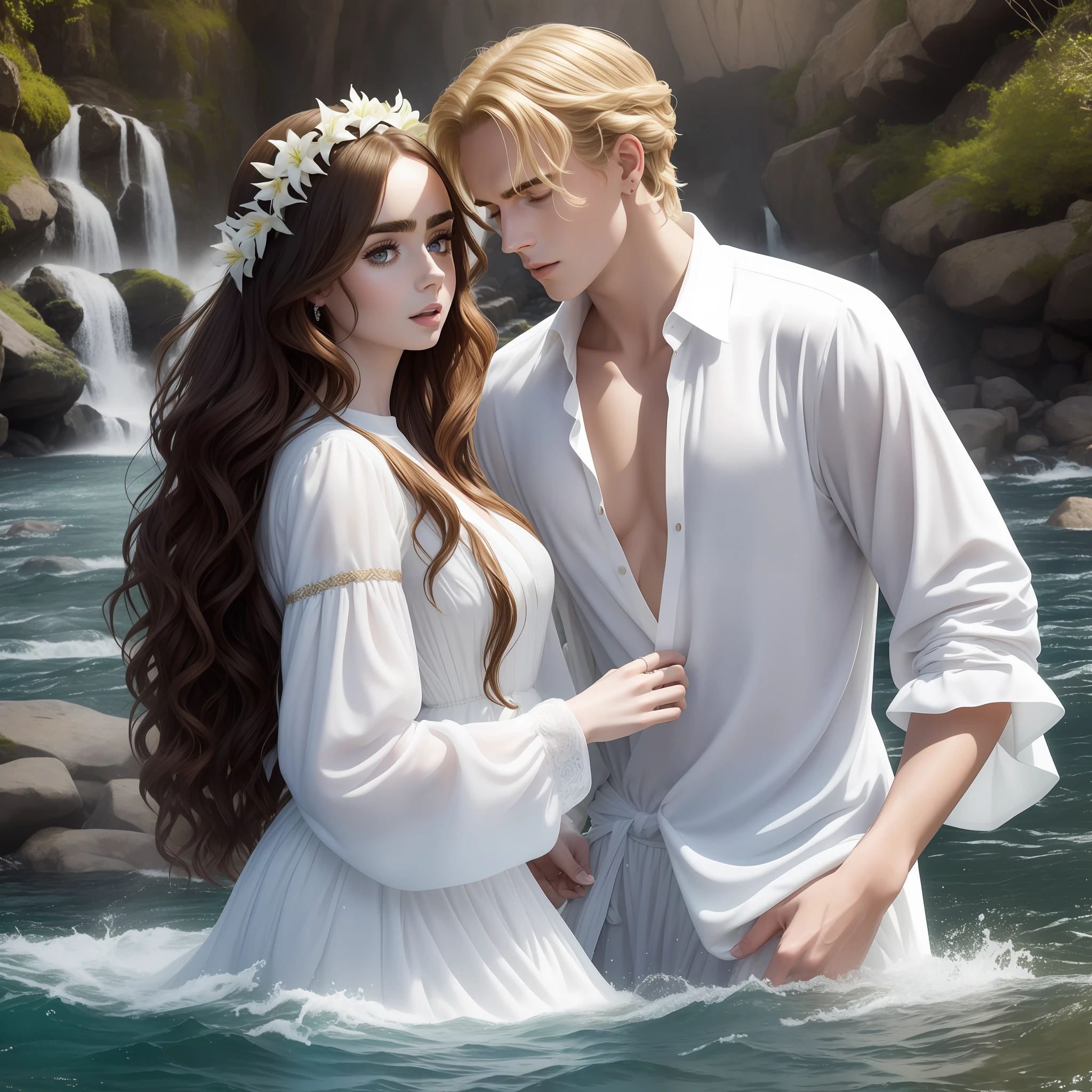 Lily Collins, who has black curly hair. wearing a simple white medieval dress, Neels Visser wears a medieval white long sleeve shirt and has blonde hair. The couple is swimming in the river, their clothes and hair wet, the river is crystal clear and has rocks and a waterfall in the background
