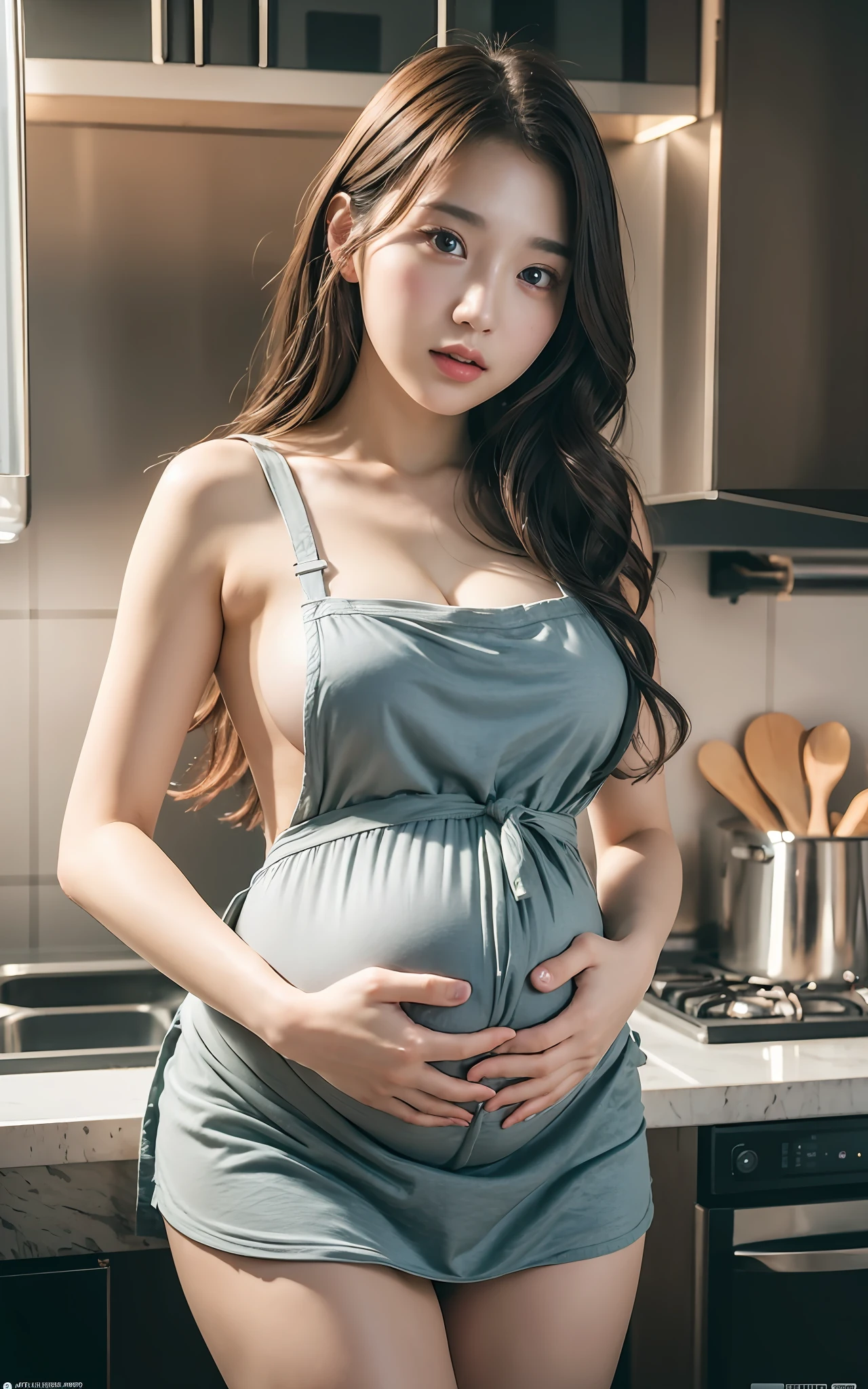 Highly detailed CG Unity 8k wallpaper, top quality, super detailed, masterpiece, realistic, photo realistic, very detailed cute girl, 25 years old, round eyes, viewer, semi-body shot, pregnant woman, naked apron
kitchen