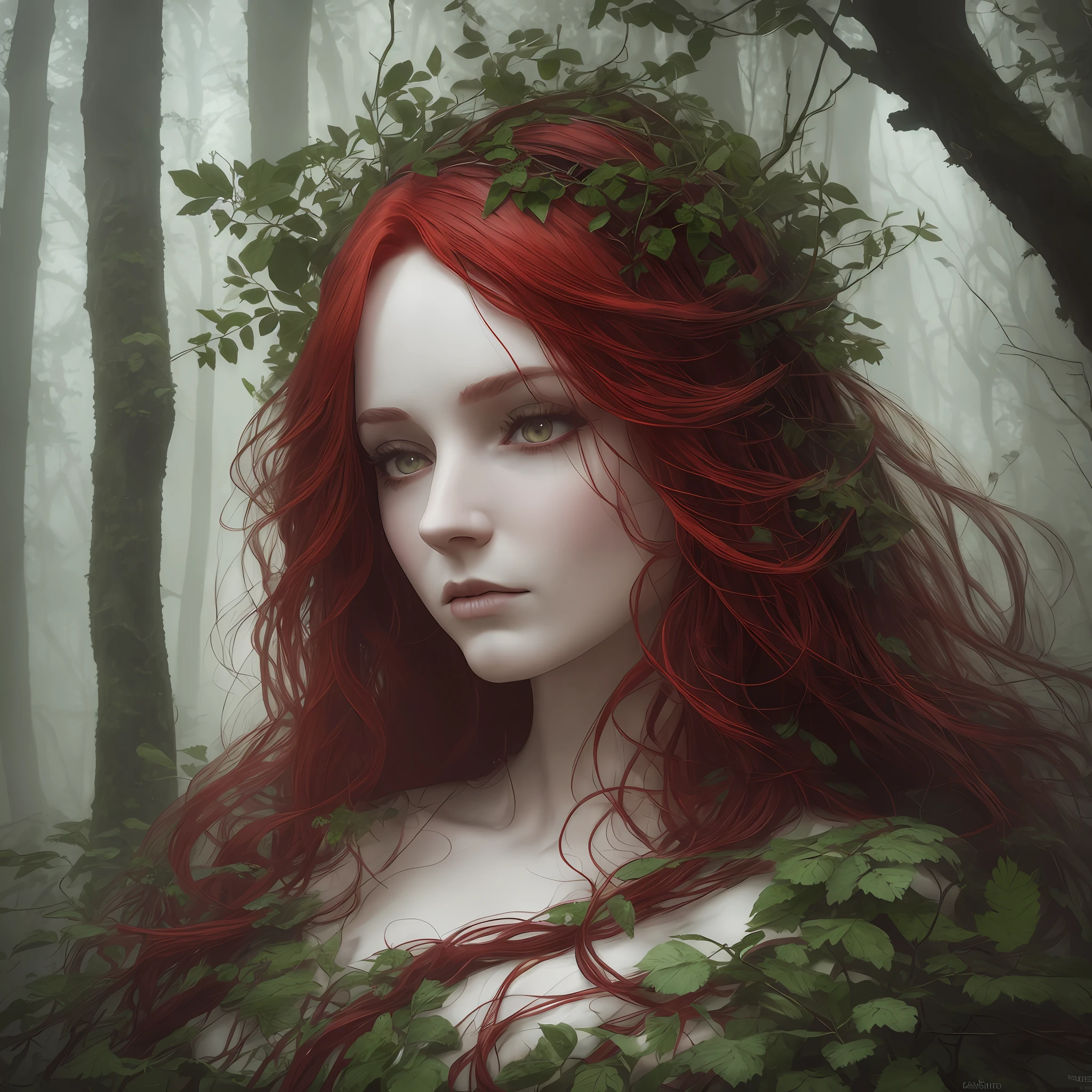 arafed woman with long red hair standing in a foggy forest, inspired by Darek Zabrocki, moody misty fantasy art, atmospheric portrait, ethereal beauty, portrait of a dryad, detailed hair foggy, inspired by Bastien L. Deharme, fantasy photography, woman in a dark forest, fantasy portrait, forest soul, beautiful with eerie vibes --auto --s2