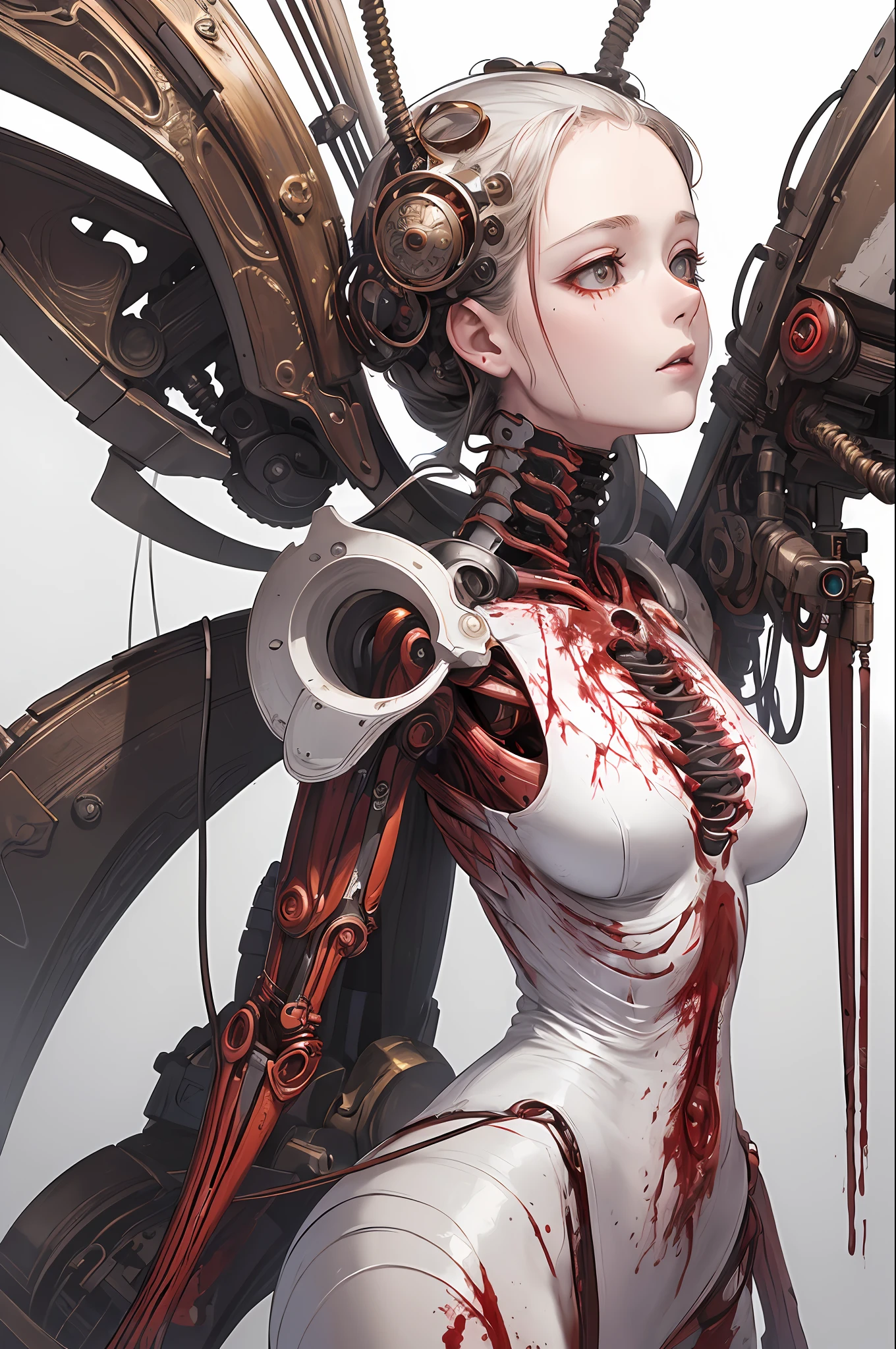 (masterpiece, top quality, best quality, official art, beautiful and aesthetic:1.2), (1girl:1.3), extreme detailed,colorful,highest detailed ((ultra-detailed)), (highly detailed CG illustration), ((an extremely delicate and beautiful)),(from side),cinematic light,((1mechanical girl)),solo,full body,(machine made joints:1.2),((machanical limbs)),(blood vessels connected to tubes),(mechanical vertebra attaching to back),((mechanical cervial attaching to neck)),(sitting),expressionless,(wires and cables attaching to neck:1.2),(wires and cables on head:1.2)(character focus),science fiction,white background,(blood:1.5)