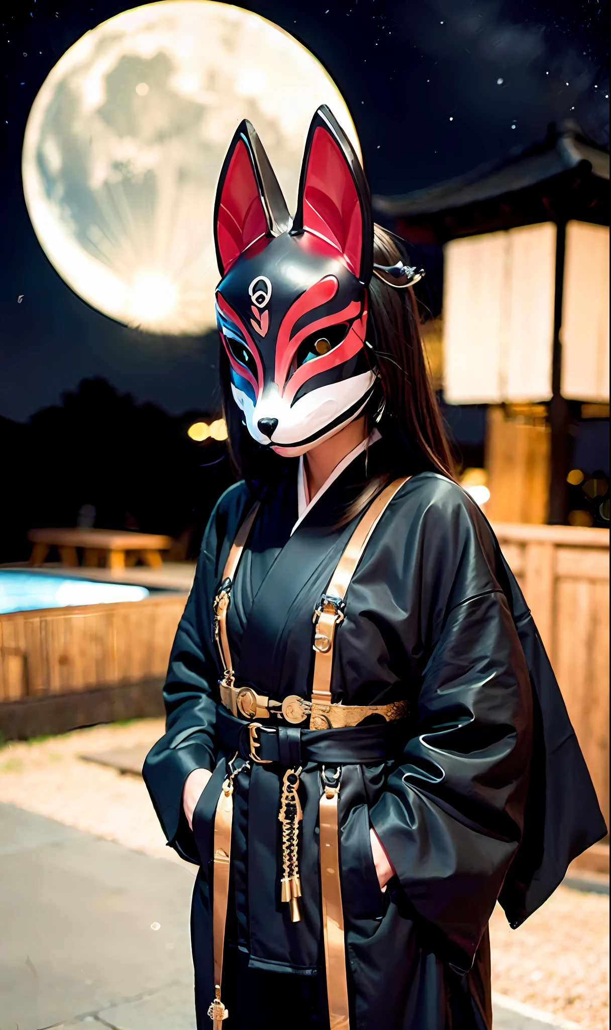 Fox Mask Person with fox mask on face, woman, jet black, long coat, shorts, full moon, moonlit night, Japan castle