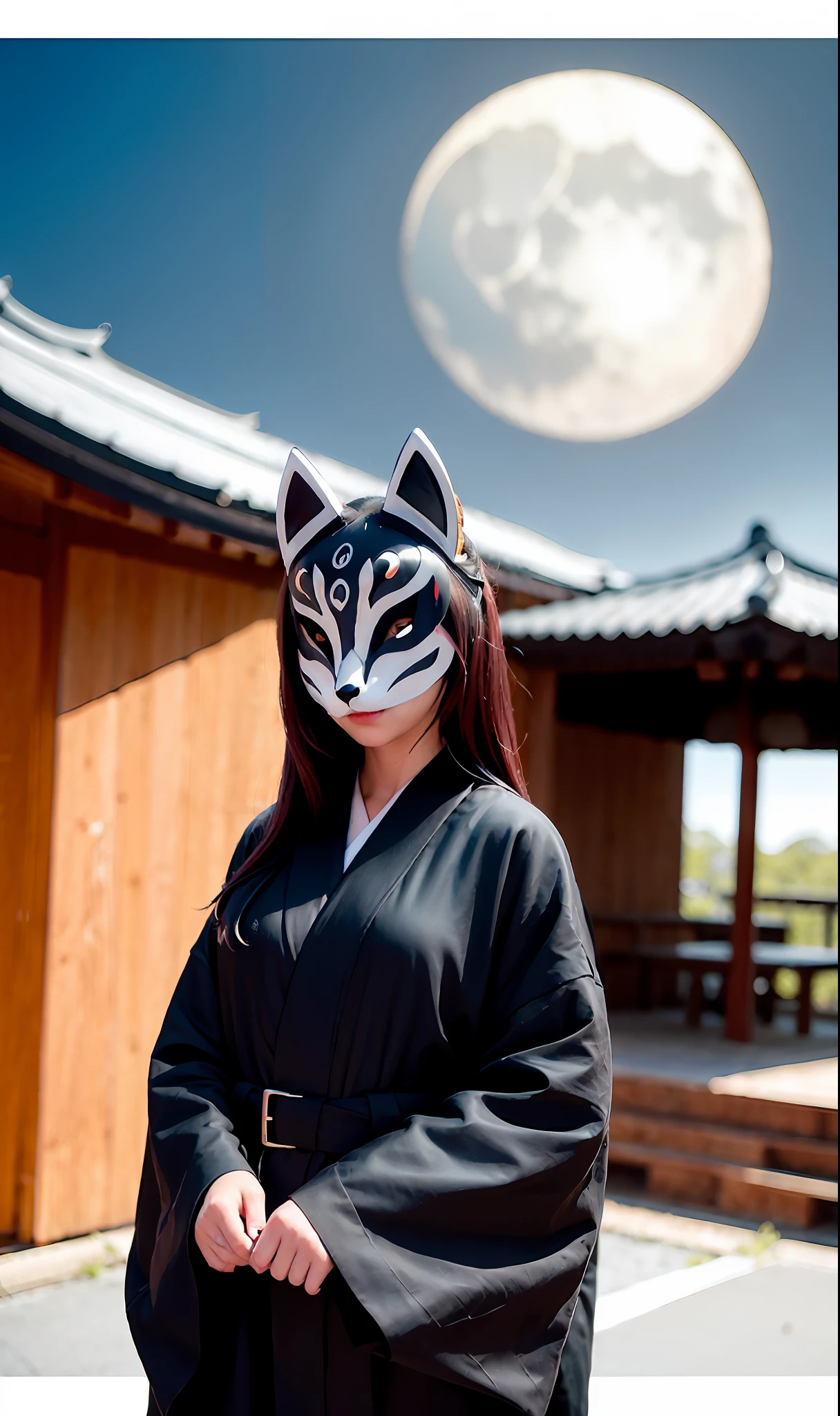 Fox Mask Person with fox mask on face, woman, jet black, long coat, shorts, full moon, moonlit night, Japan castle