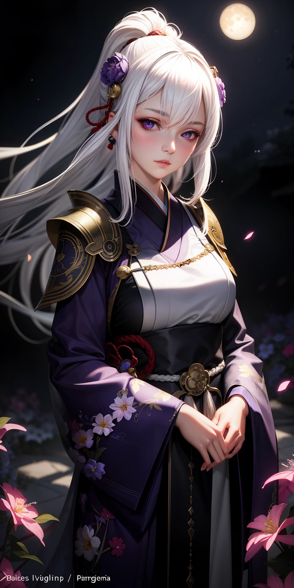 realistic, 1girl, white hair, purple eyes, glowing eyes, japanese armor, parted lips, blush, night, flowers, moonlight,