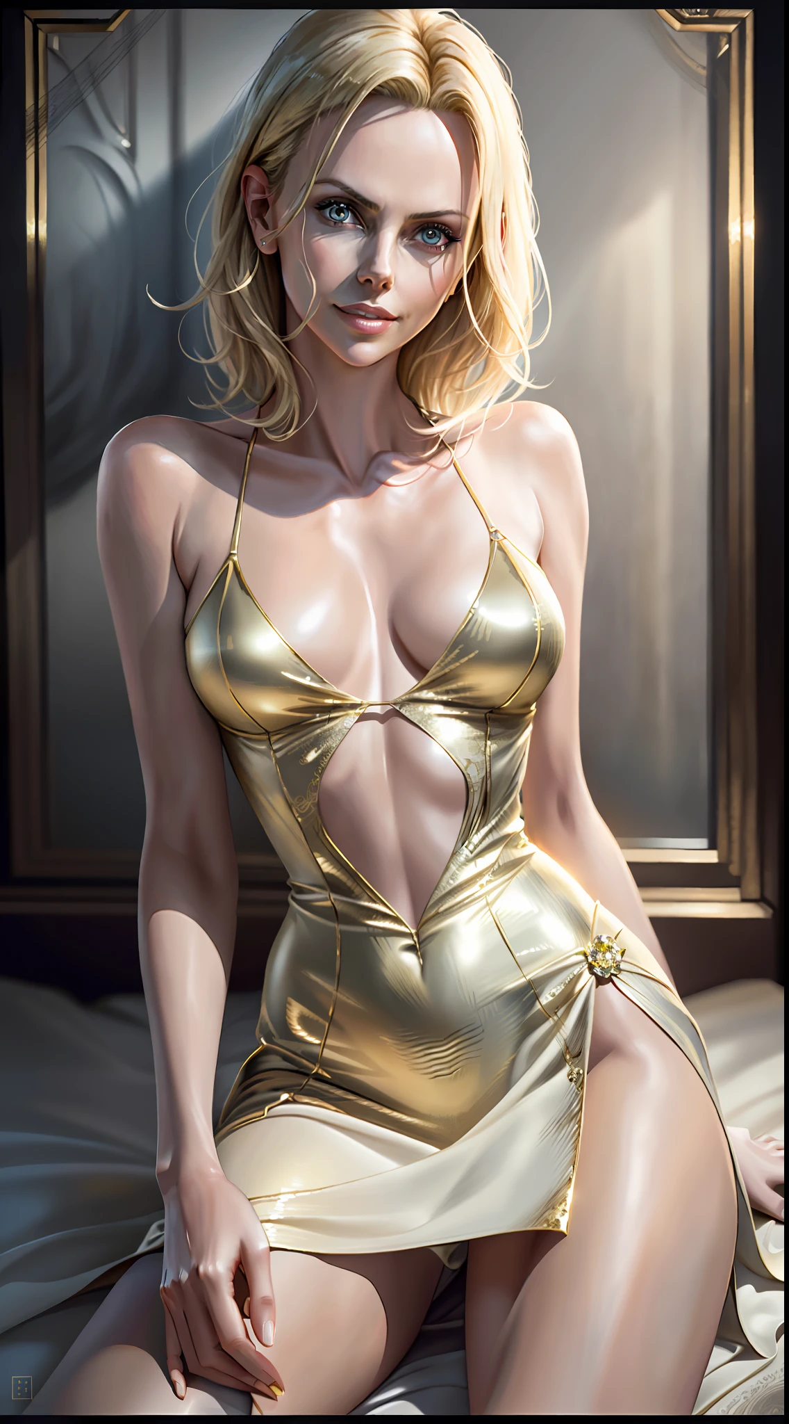 masterpiece, maximum quality, ultra high resolution, 8k, Charlize Theron, full body, alone, very thin, very detailed face, perfectly identical face, detailed eyes, mischievous smile, cheerful, human pelle, realistic photo, totally realistic, human pellet, studio lighting, perfect, identical in every detail, cheap motel room, short silk dress