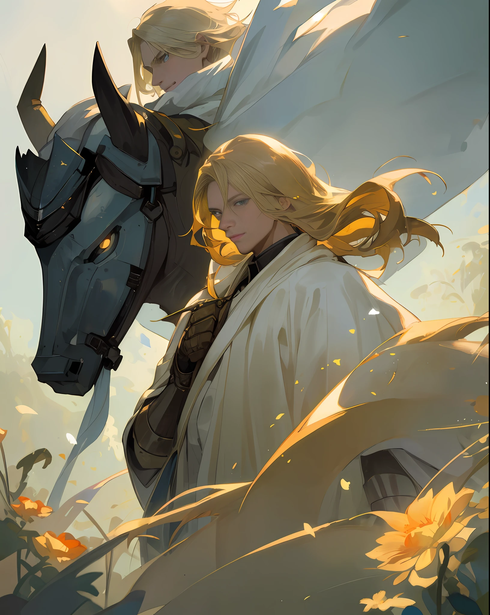 ((Top Quality, Masterpiece)), Comic Art, Concept Art, Watercolor, ((2 men)), (Beautiful young man in white robes with blond long hair and blue eyes), (Old soldier, strong, golden eyes (Handsome: 1.4), short-haired, dark-haired, middle-aged, black armor, black knight), fantasy, forest, blooming flowers, sunlight, fantastic lights and shadows, landscape, highly detailed face, portrait, smile, pose, particle, wind, flower, Simple background, with backlight and rim lights