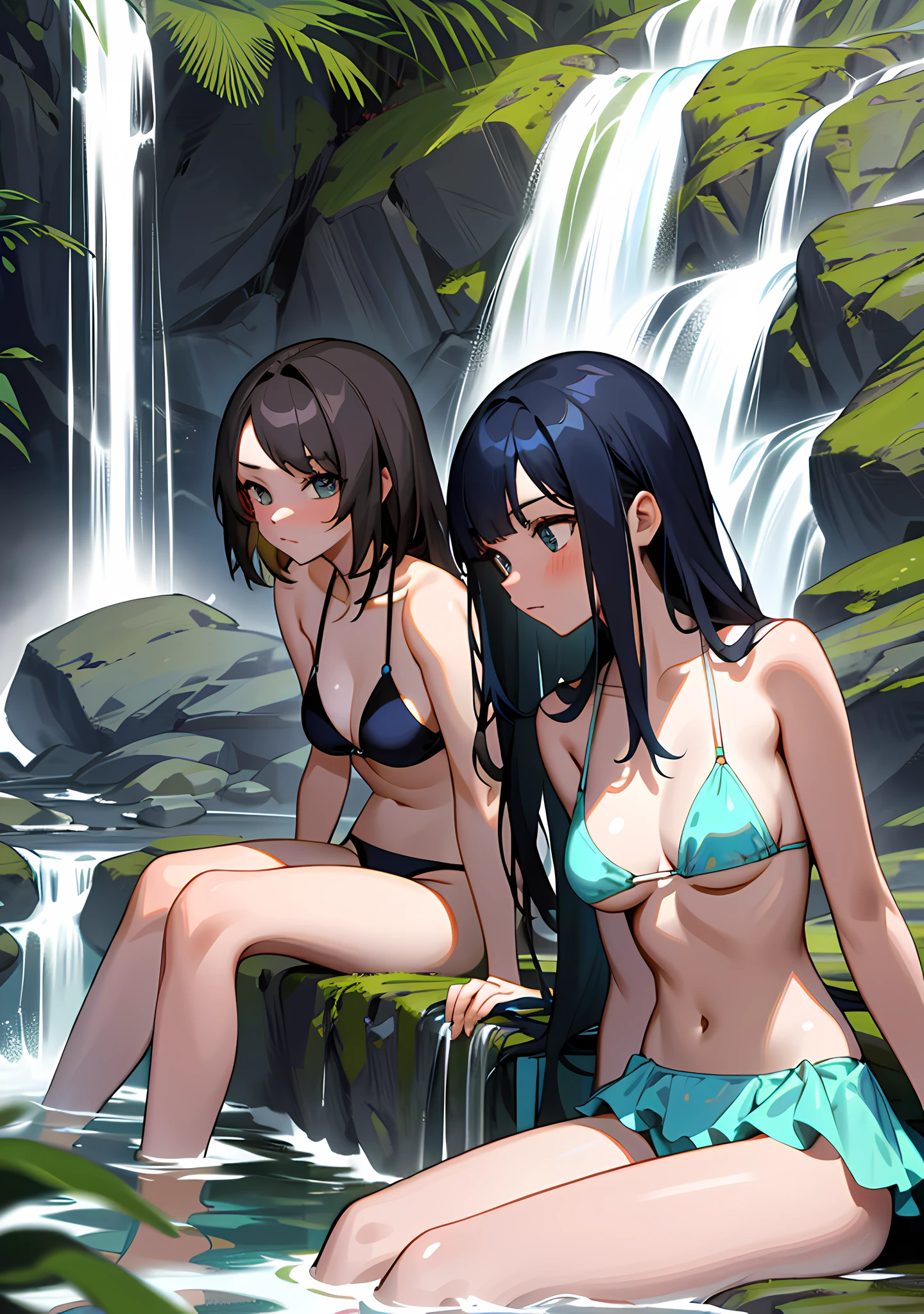 "Gorgeous and high-quality, highly detailed NSFW masterpiece that features two beautiful girls in their bikinis sitting near a waterfall. One girl seems shy while the other is showing off her bare chest, creating a sexual atmosphere." medium breasts