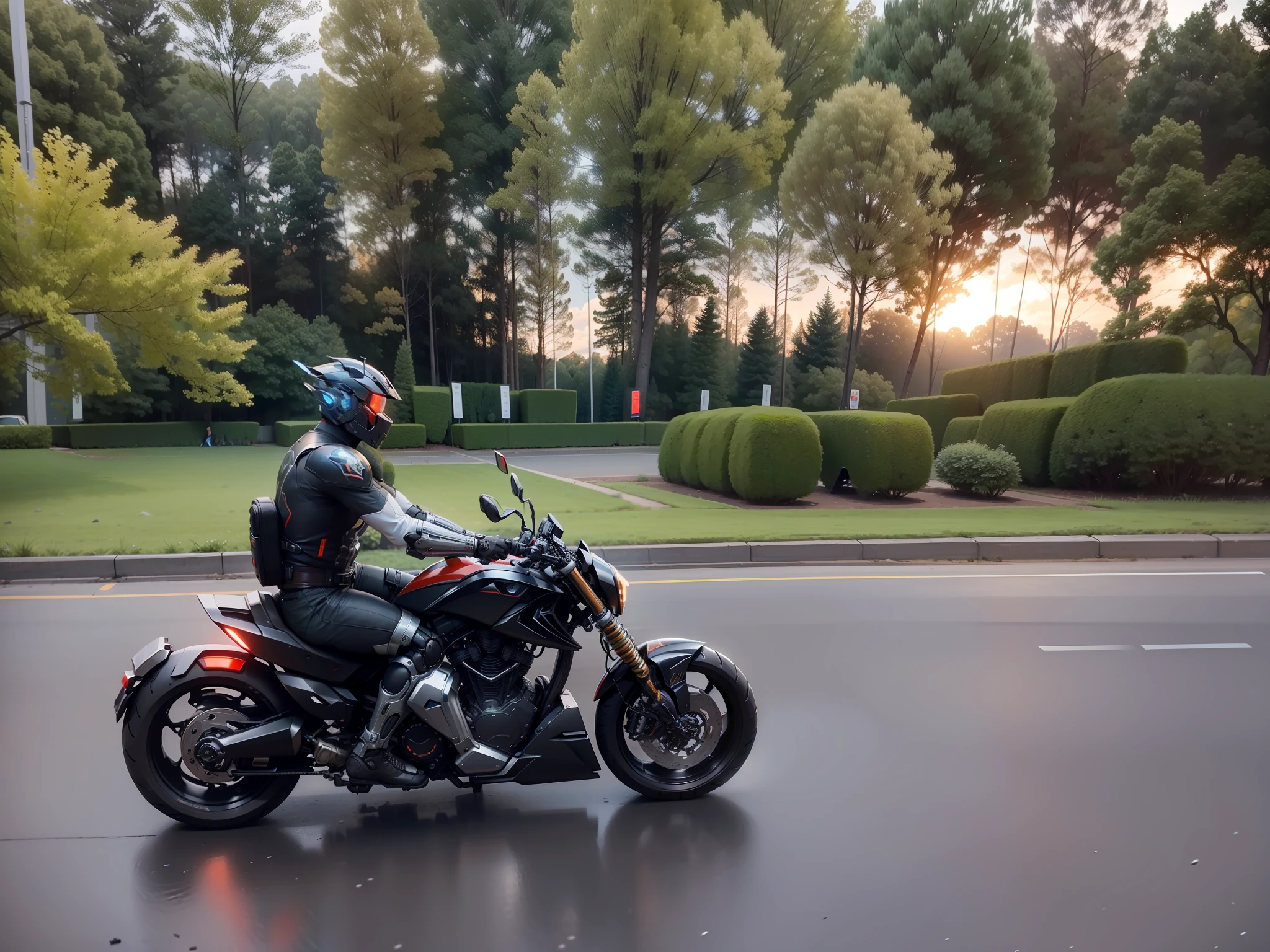 Cyber Warrior & Cybertech Mechanical Motorcycle, Mighty Male Warrior, Nousr, Biomechanics, MSHN Robot Man, Cybertech Full Surround Helmet, Surreal, Steel, Intricate Design, Crazy Detail, Fine Detail, Extremely Clear Lines, Cinematic Lighting, Photo Realistic, Detailed Masterpiece
