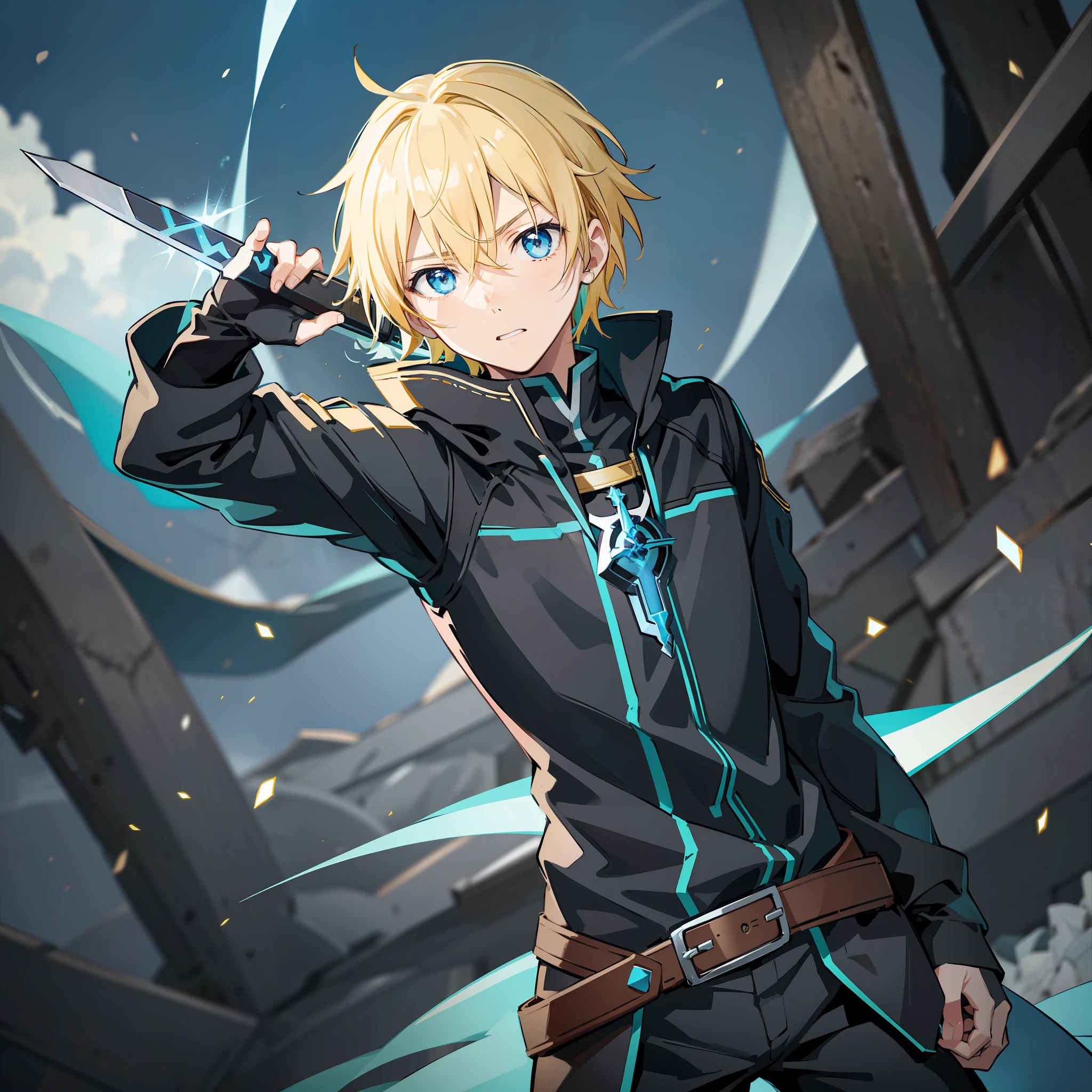 Generate Kirito, character of Sword art online, with blond hair and blue eyes, with a look of fear on his face