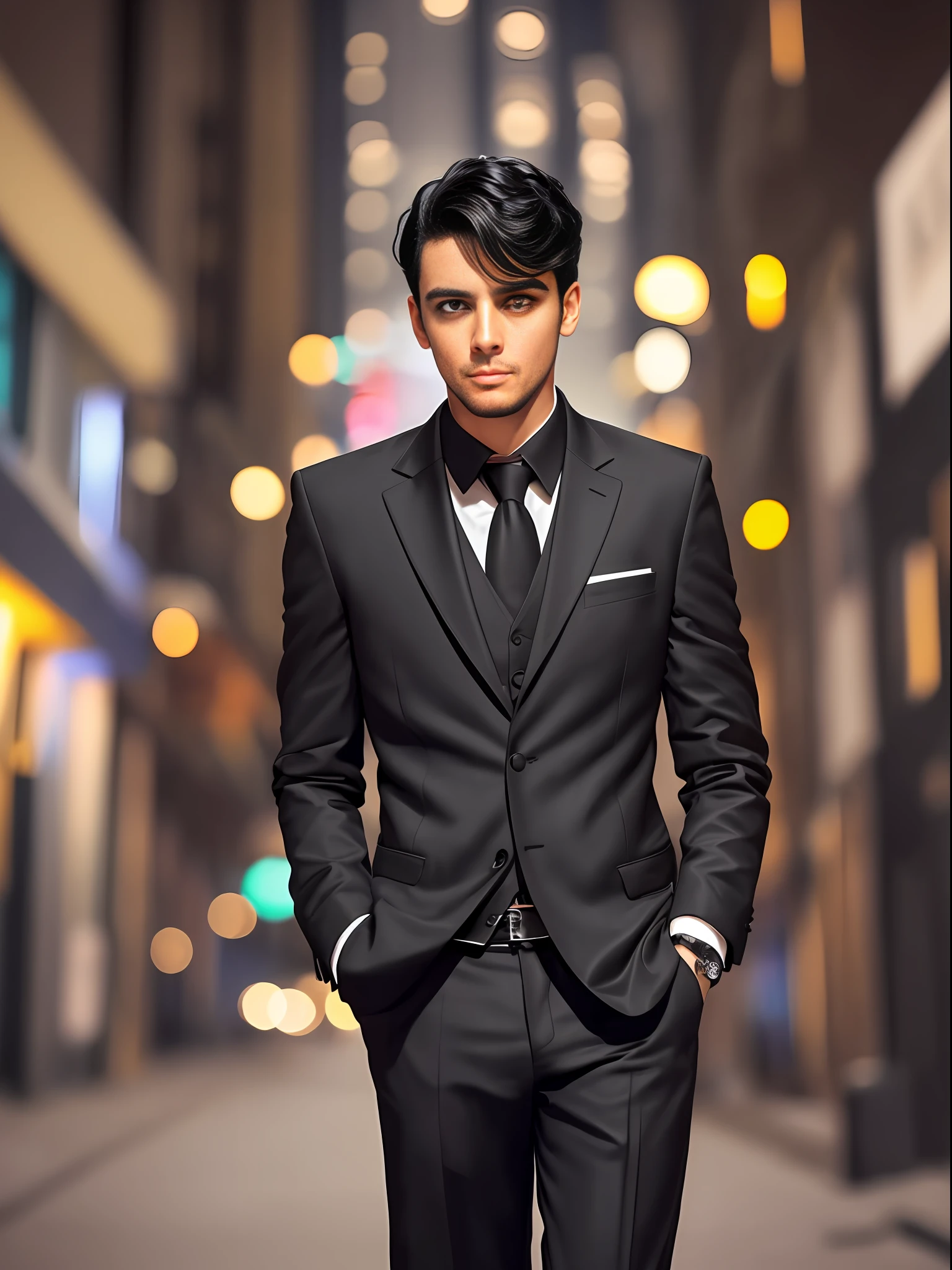 (wearing black suit:"1.2",black hair, young brown Brazilian, dynamic, outside the apartment), night, soft lighting, Background: Darksynth, Atmosphere: Noir.
