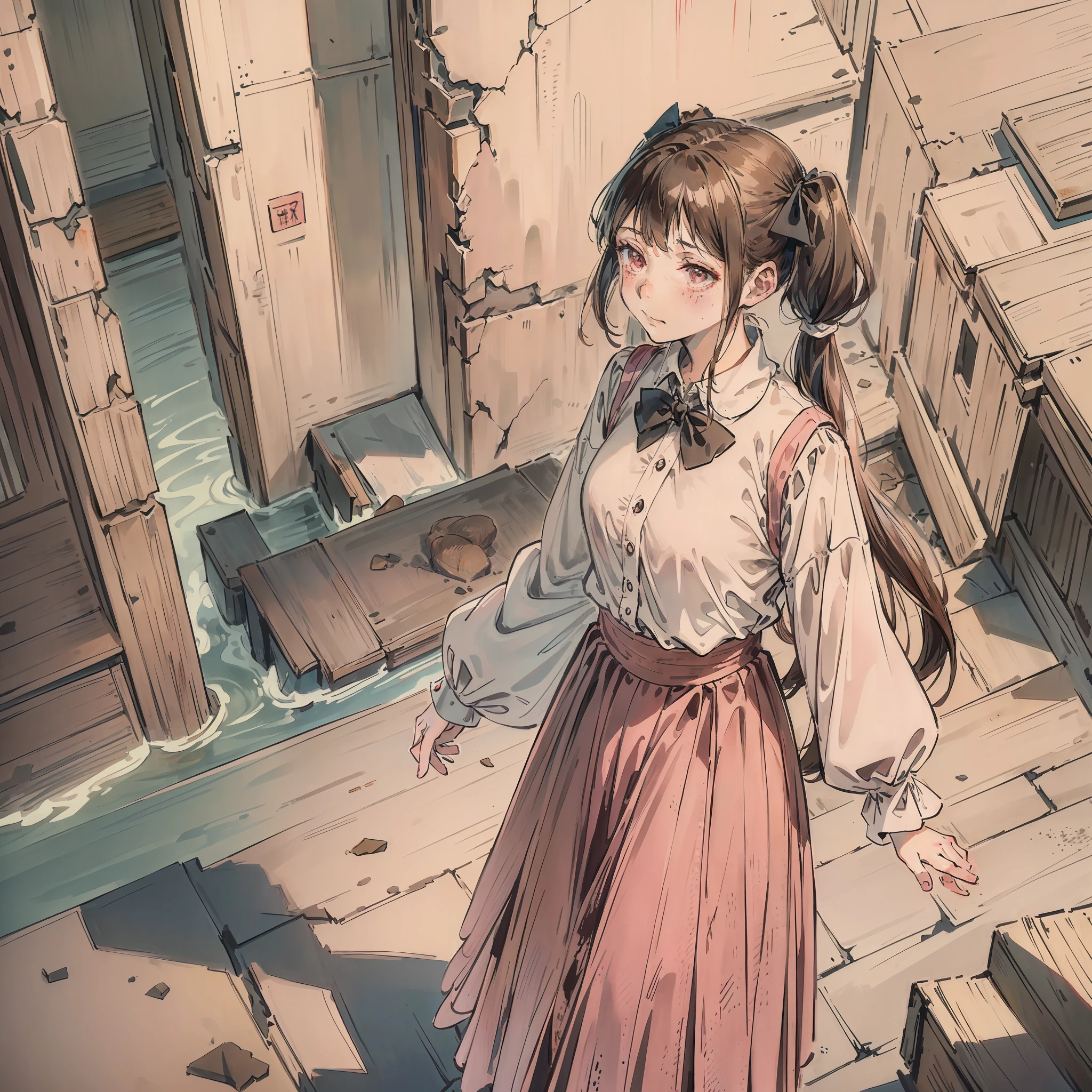 Illustration by Marina, from Fear & Hunger: Finishes, 1woman, long brown hair, twin pigtails, white blouse with black bow at the collar of clothes, long pink skirt, freckles on the right side of her lip, RPG_MAKER, walking through an abandoned and shattered city