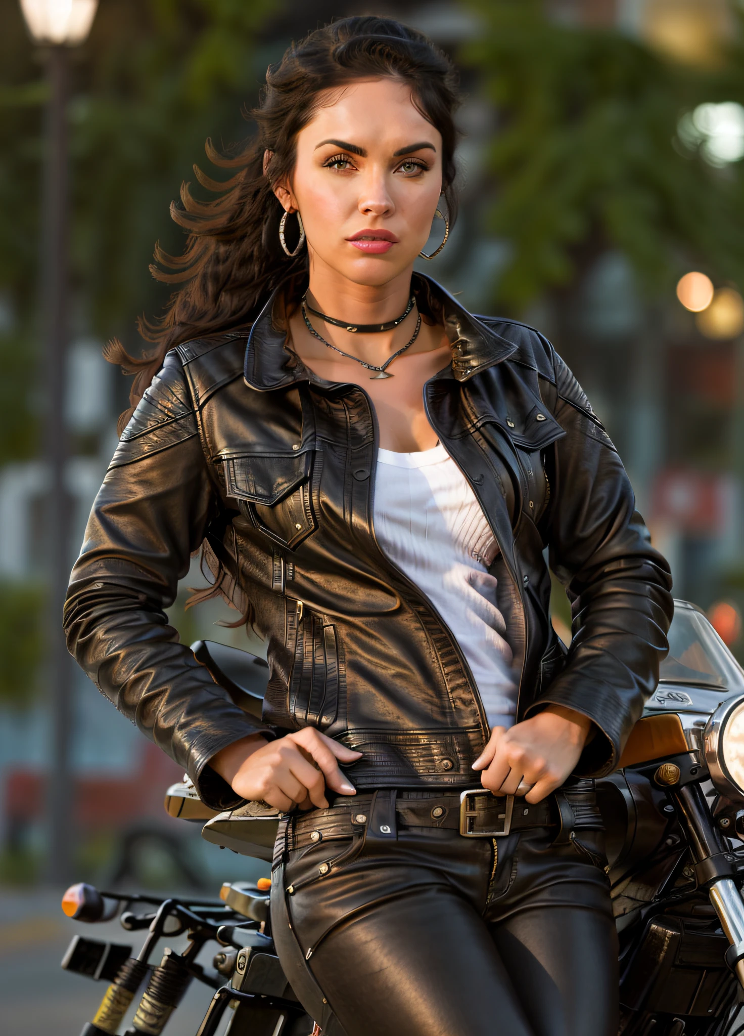 Full body, hyper realistic, beautiful angry woman with biker gang, black leather jacket, switchblade knife, motorcycle, 1950's street at night