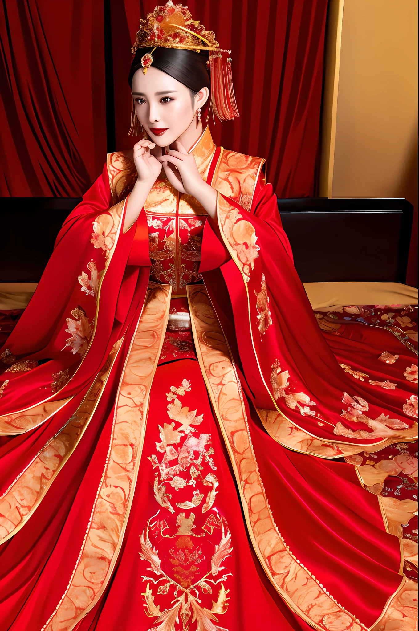 (best quality:1.1) ,(photorealistic:1.1), (photography:1.1), (highly detailed:1.1),
a woman in a red and gold dress with a tiara on her head, hair stick,(sitting on red bed),blush,shy,black_hair, crown,looking down, (2 red candles), chinese_clothes, curtains, earrings, hair_ornament, hanfu, indoors, jewelry,   long_sleeves, red dress, red lips, tassel, (Red quilt),(red palace:1.2),