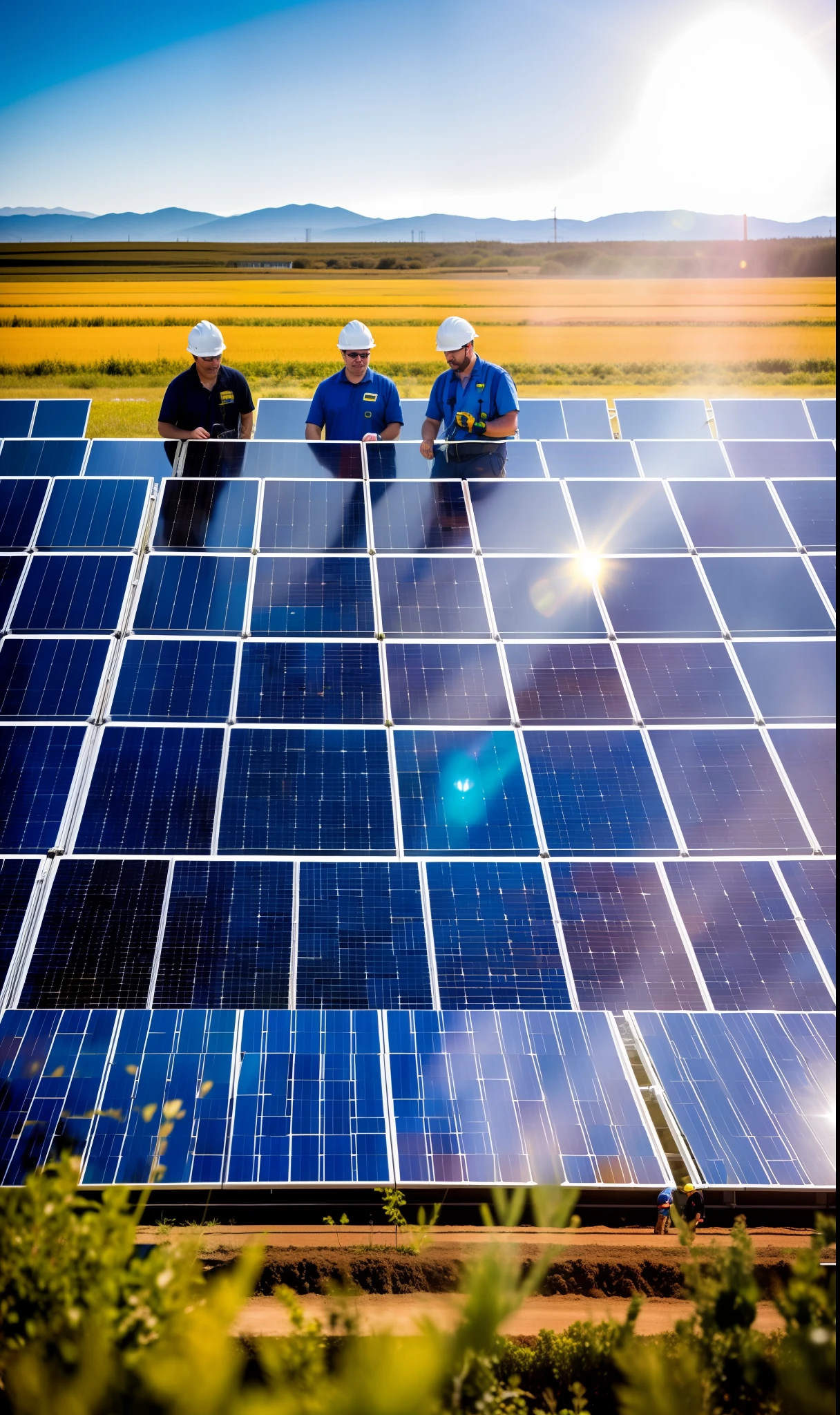 Color photo of a solar plant with engineers working on it, detailed, field, sunny weather, 4k uhd, soft lighting, high quality, grain film, Fujifilm XT3