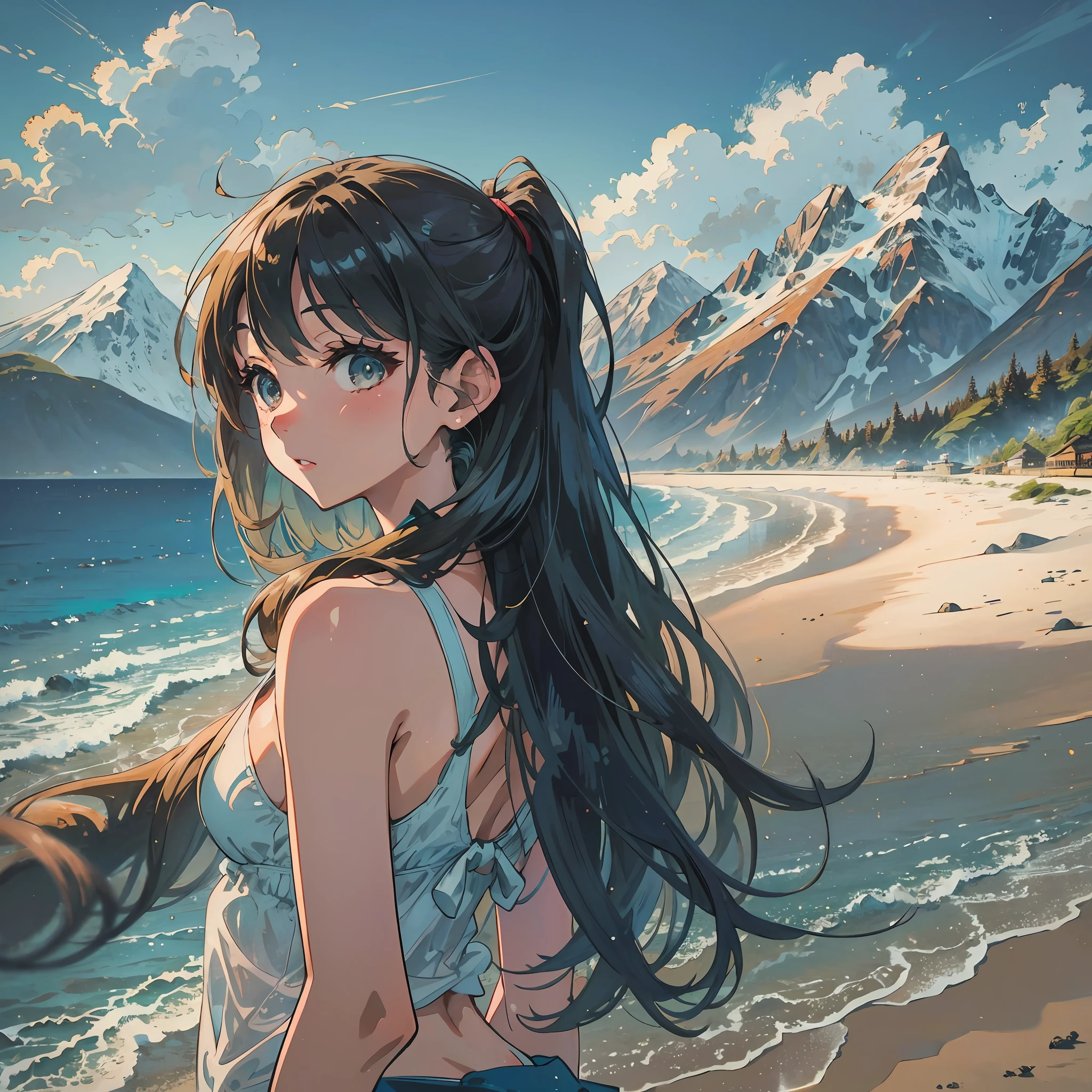 Standing on the beach taking selfie, posing on the beach with the sea, against the background of the mountains, real photo, on a tropical beach, standing near the beach, 30 year old woman of Keiko Kitagawa in a closed swimsuit, having a lot of fun, mountain in the background, mountain in the background, beach in the background, mountain in the background, mountains in the background, anime, realistic animation style, --auto --s2