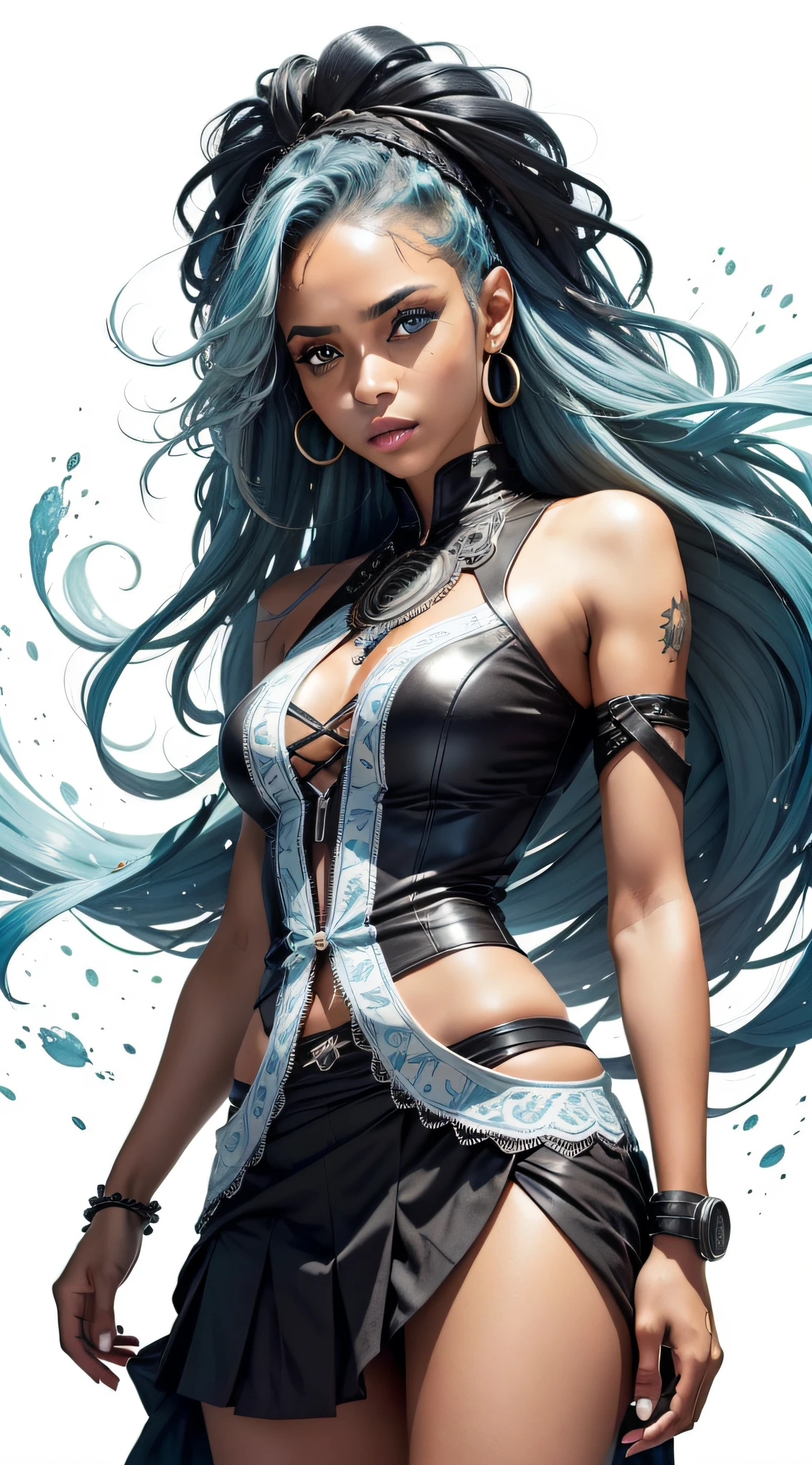 A black Brazilian woman with degrade blue hair and light blue eyes, wearing black blaser, skirt, with scattered contours and white background, intricate details, low key, watercolor, splash