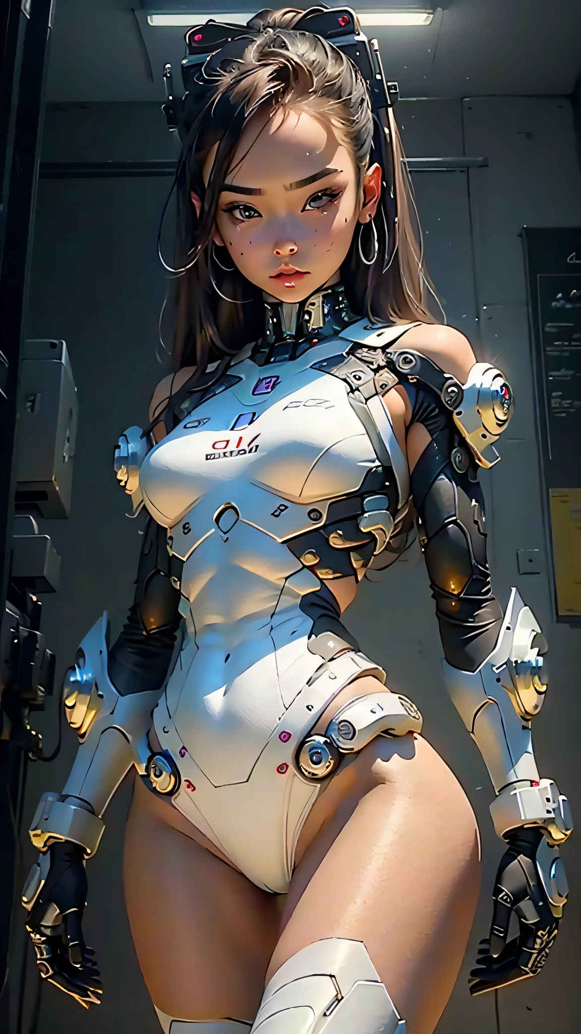 Beautiful cybernetic girl looking at camera underwear detailed muscles realistic masterpiece