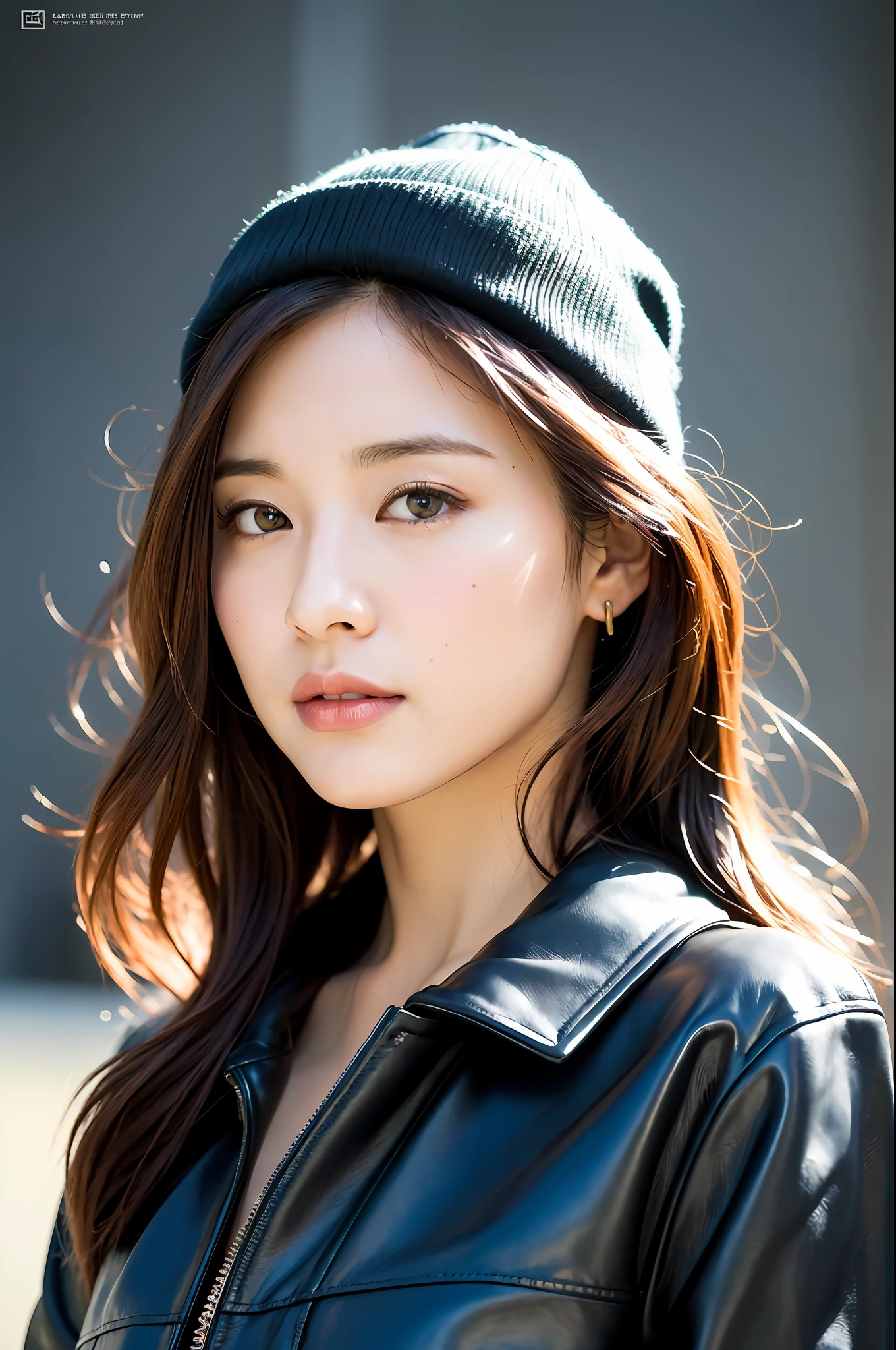 ((8k:1.27), top quality, masterpiece, super high definition: 1.2) Cute Japan Woman Pictures (Beautiful: 1.1) (Sci-Fi Warrior Woman: 1.1) Space Soldier, (Beanie: 1.61) (Leather Jacket: 1.1) Intricate and elegant, fantasy, detail, geometric patterns by Greg Rutkowski and Alphonse Mucha, gradient lighting