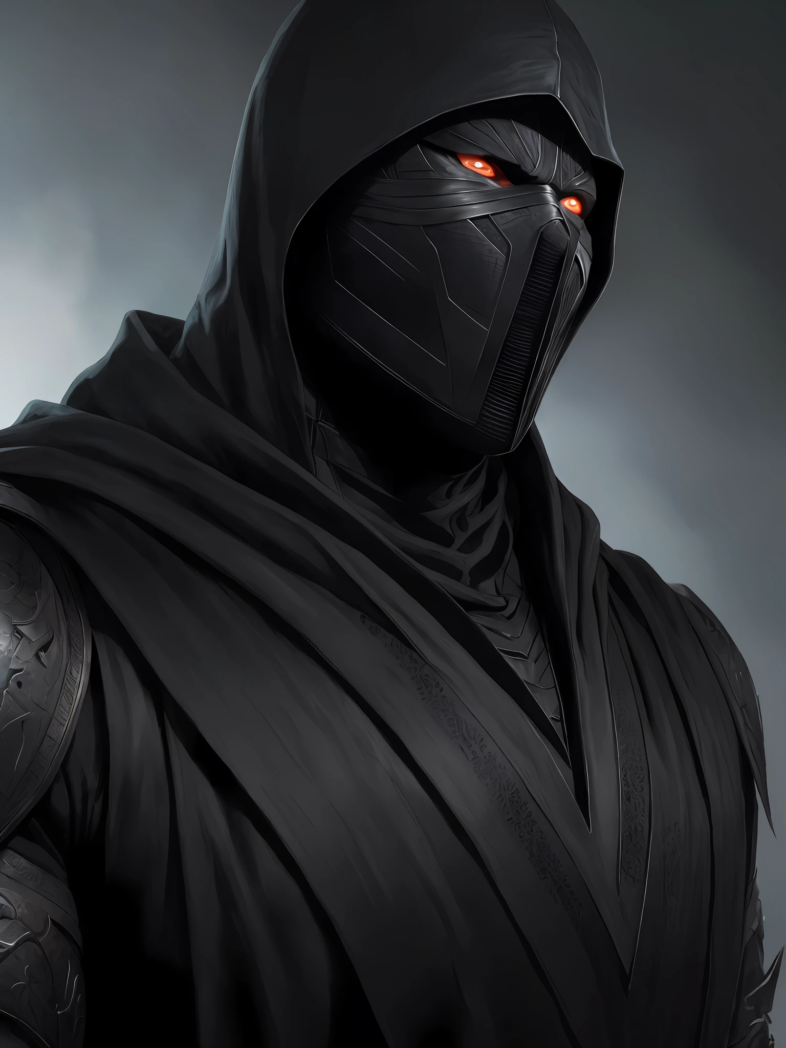 a portrait, Noob Saibot from mortal kombat, detailed white eyes, bladk and black armor, hood, veins on his arm, intricate, high detail, sharp focus, dramatic and photorealistic painting art by greg rutkowski