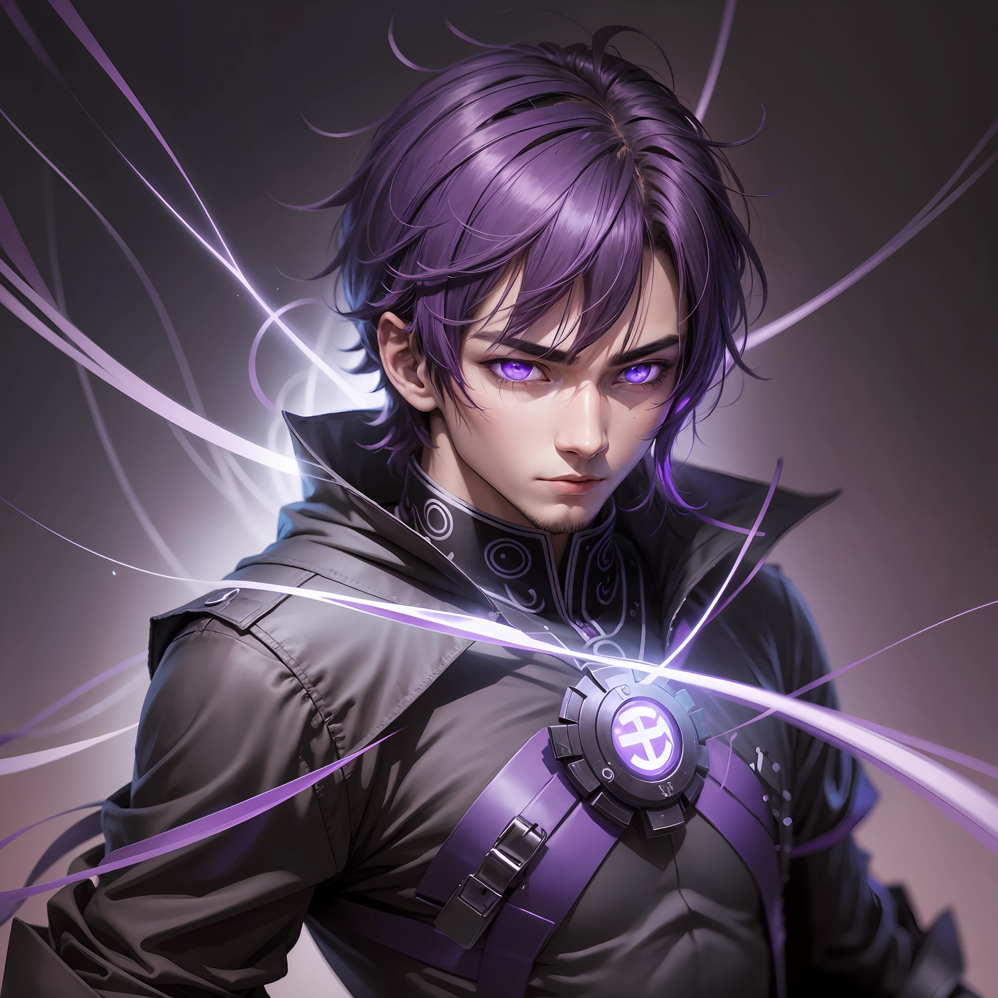 anime man with dark background, where his eyes are purple lights --auto --s2