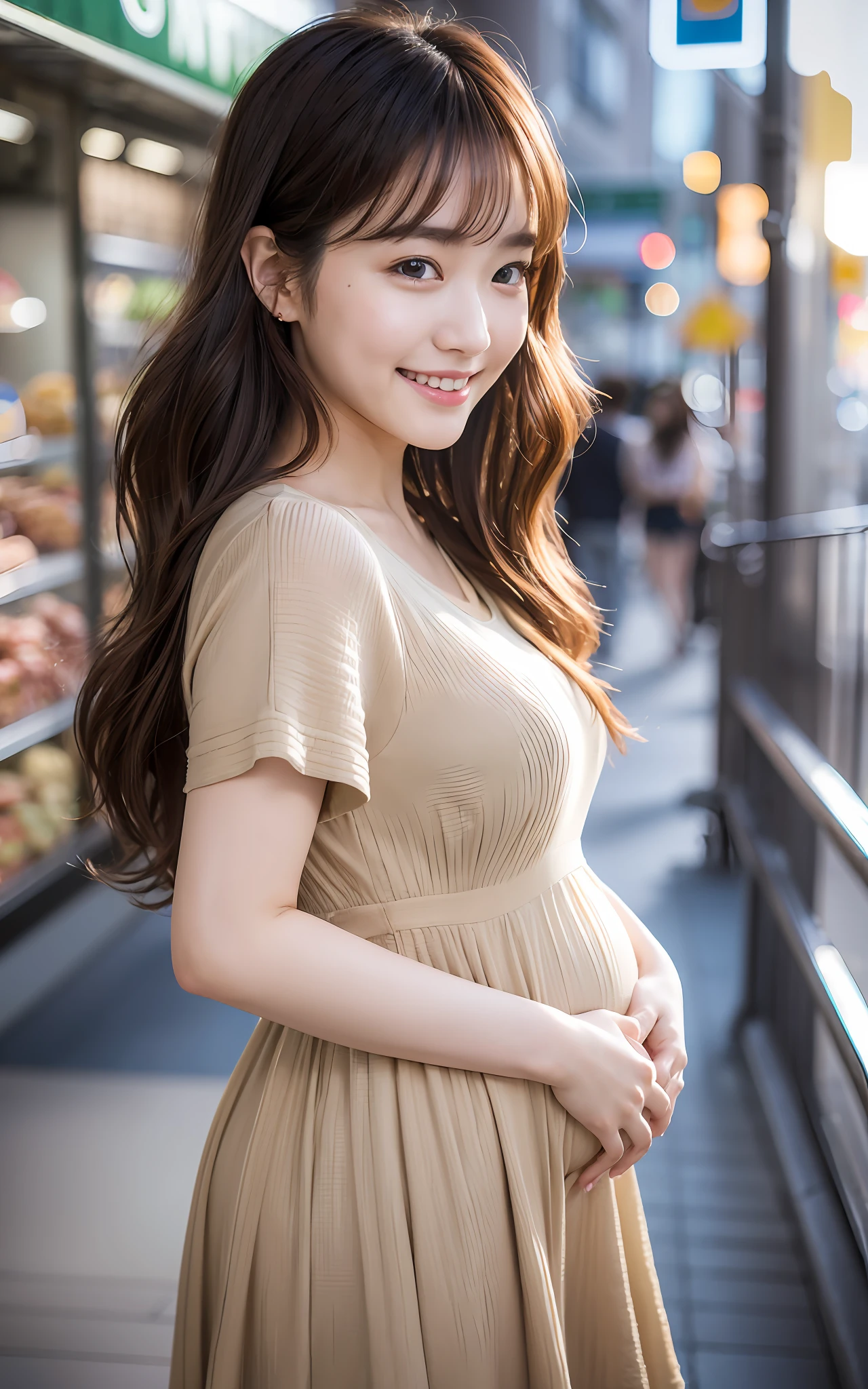 Highly detailed CG Unity 8k wallpaper, top quality, super detail, masterpiece, realistic, photo realistic, very detailed cute girl, 25 years old, round eyes, viewer, semi body shot, pregnant woman, city, casual dress, wavy hair, look back, supermarket , smile