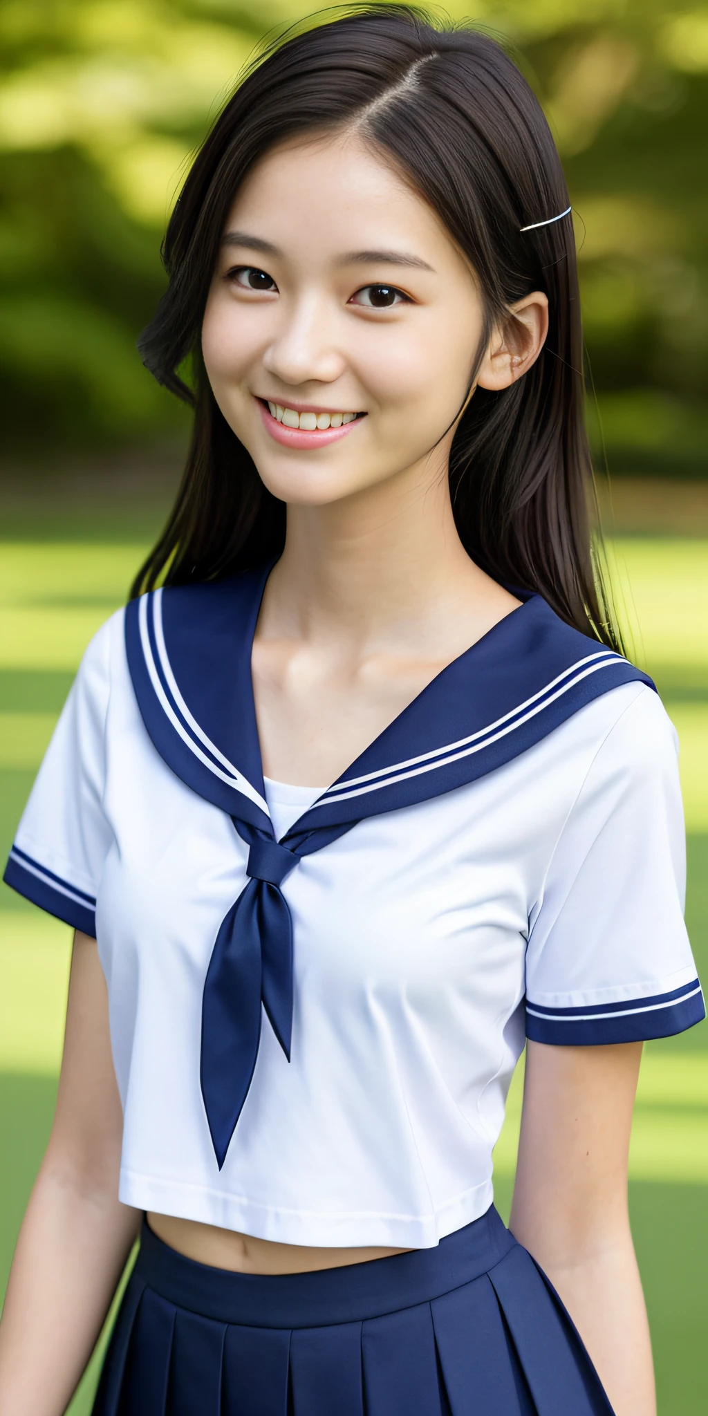 neat college girl, (school uniform, sailor uniform, ribbon tied at chest, summer clothes, upper body white, skirt dark blue, short sleeves), outside the athletic field, (slim), photorealistic, detail, skin texture, ultra detail, delicate and sexy collarbone, smile, super detailed face, detailed lips, detailed eyes, double eyelids, small breasts, small breasts, small, flat breasts, breast emphasis