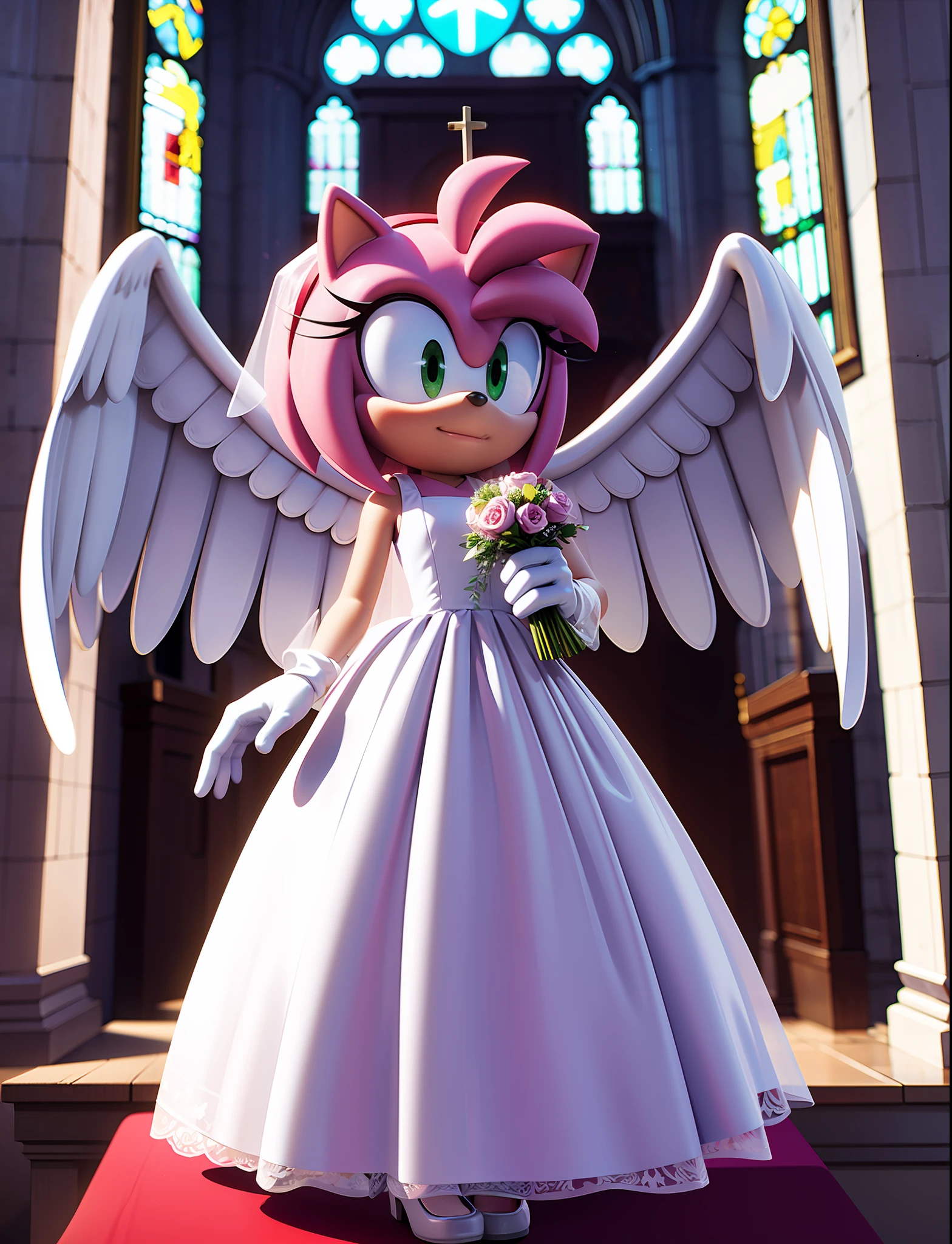 full body, amy rose, angel wings, translucent wedding dress, in church