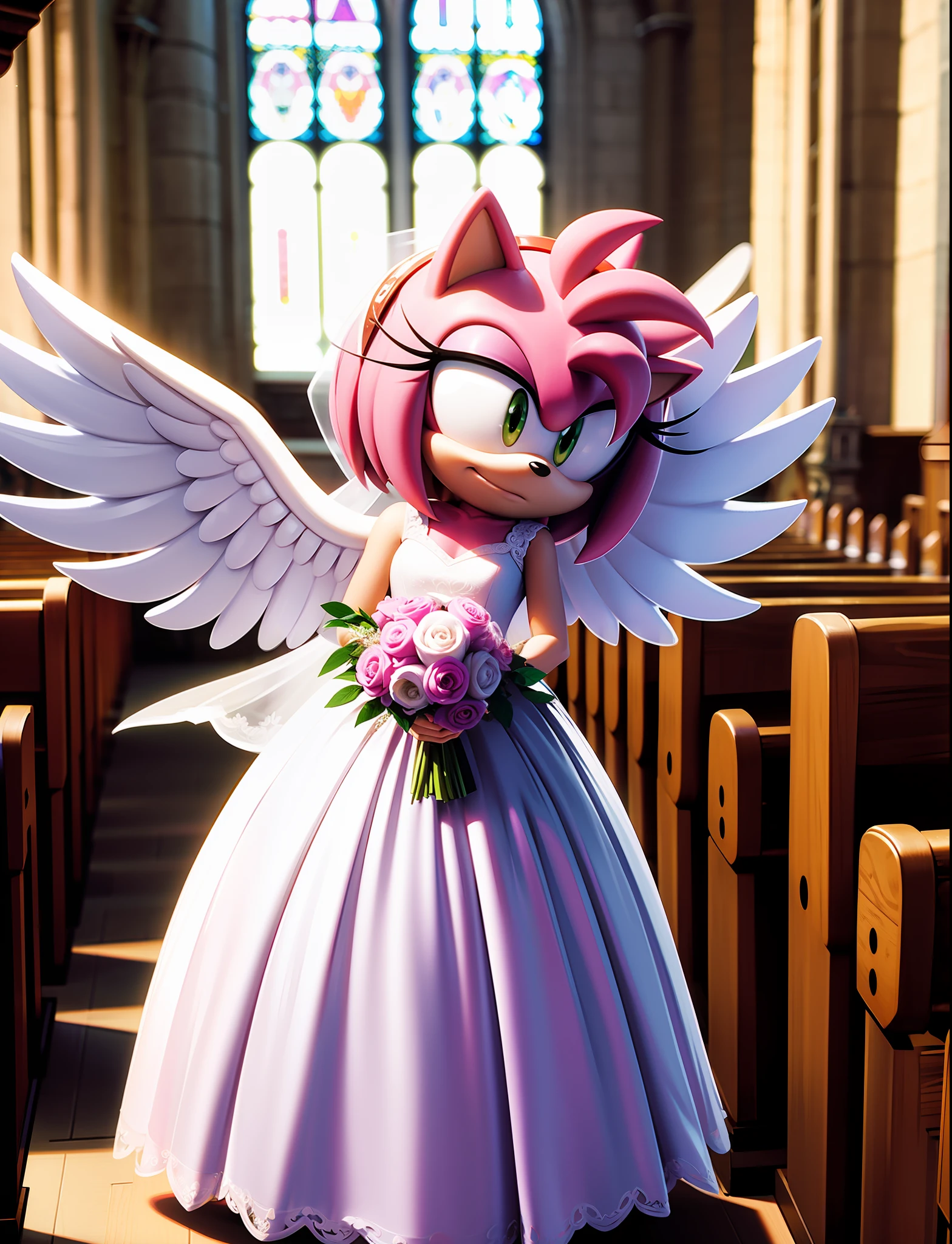 full body, amy rose, angel wings, translucent wedding dress, in church