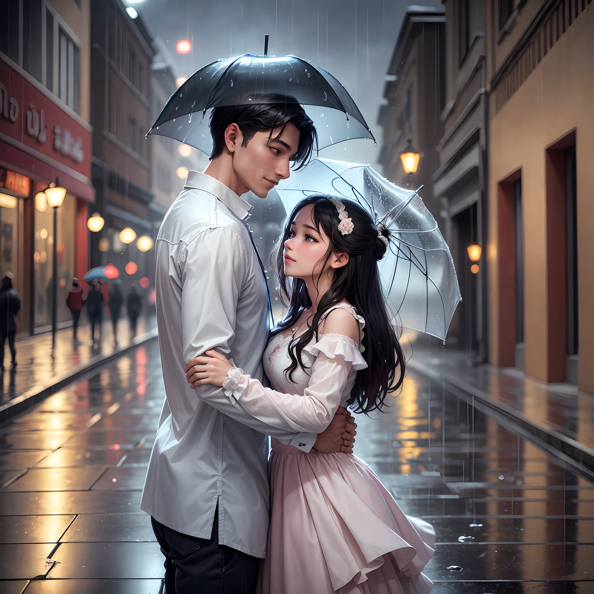 The couple in love danced in the rain, feeling every icy drop on their skin as they stood firm under an umbrella. With a smile on their faces, they moved in sync, as if the rhythm of the music was the same as the raindrops falling.
The clothes stuck to their bodies, their hands touched softly, and their eyes met in a passionate gaze. The sound of rain and the music that played in the background created a magical and romantic atmosphere. --auto --s2