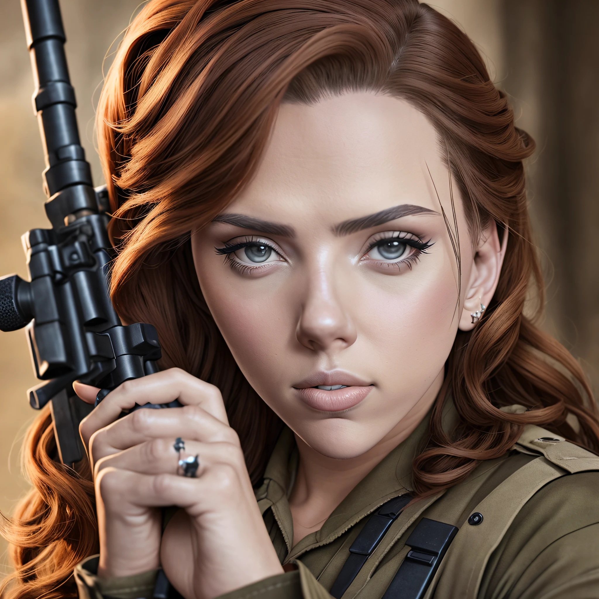 Black widow in soldier's clothes, World War II, holding sniper, scarlett johansson, cinematographic, realistic --auto --s2