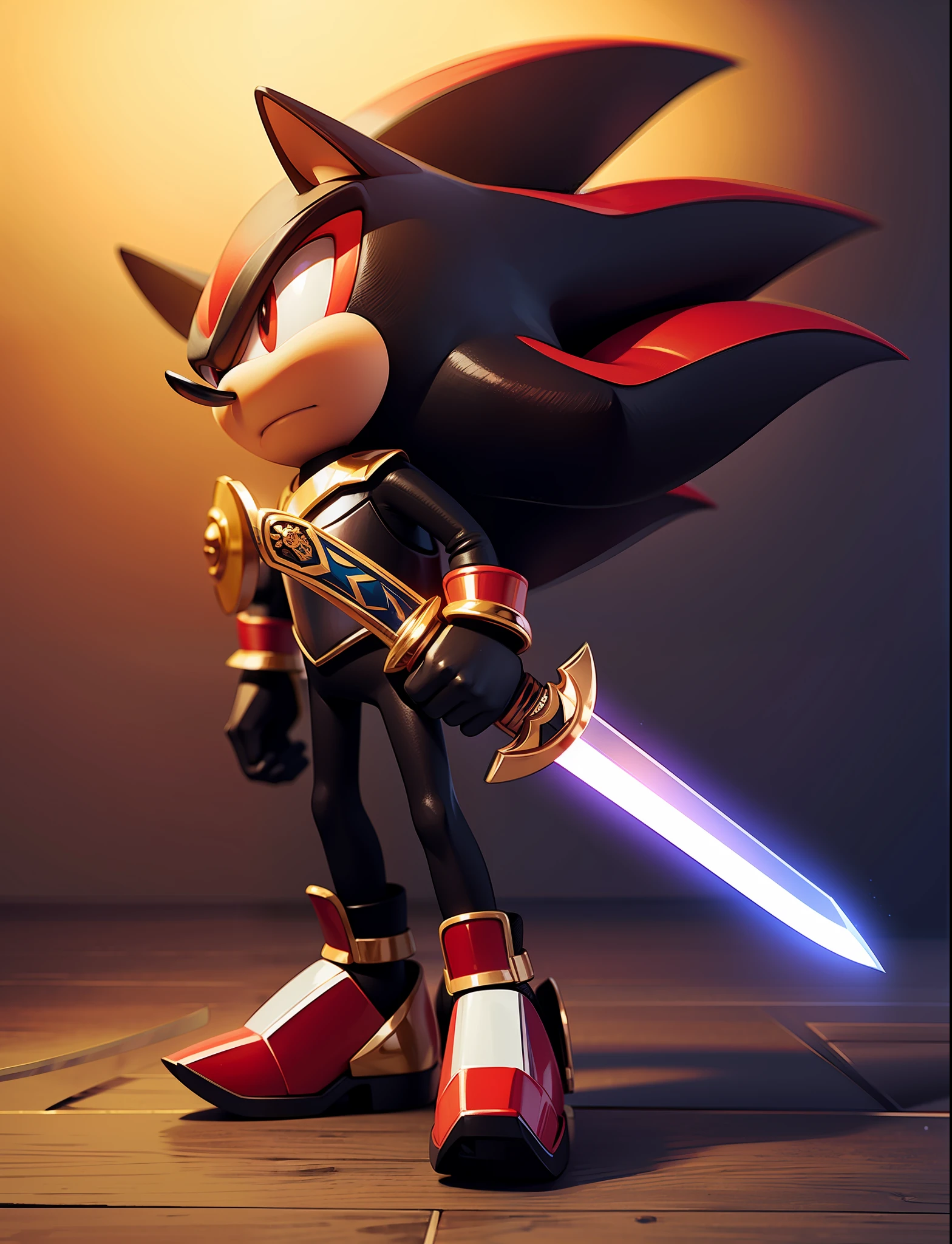 full body, Shadow the hedgehog, knight armor, holding sword,