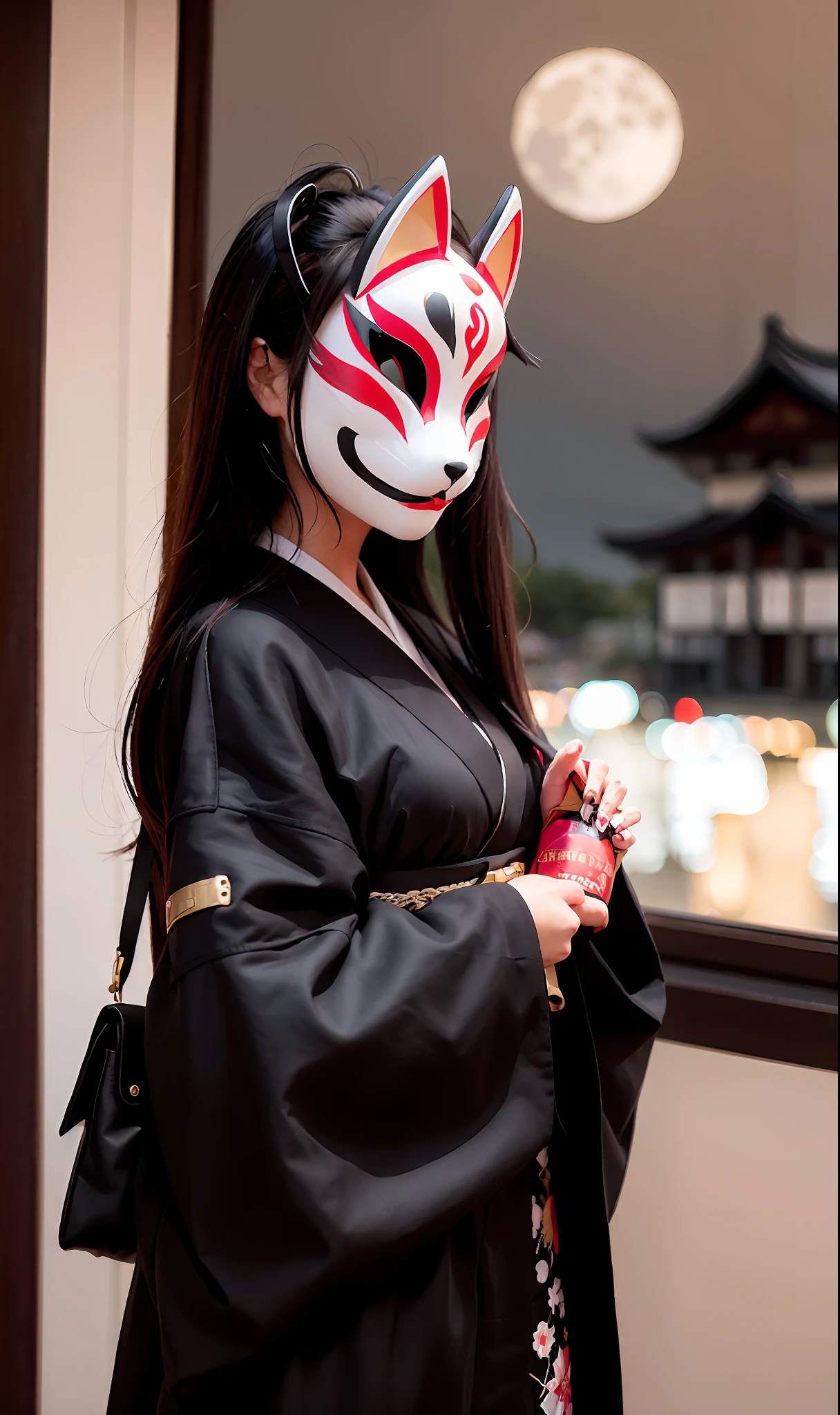 Fox Mask Person with fox mask on face, woman, jet black, long coat, shorts, red full moon, moonlit night, Japan castle