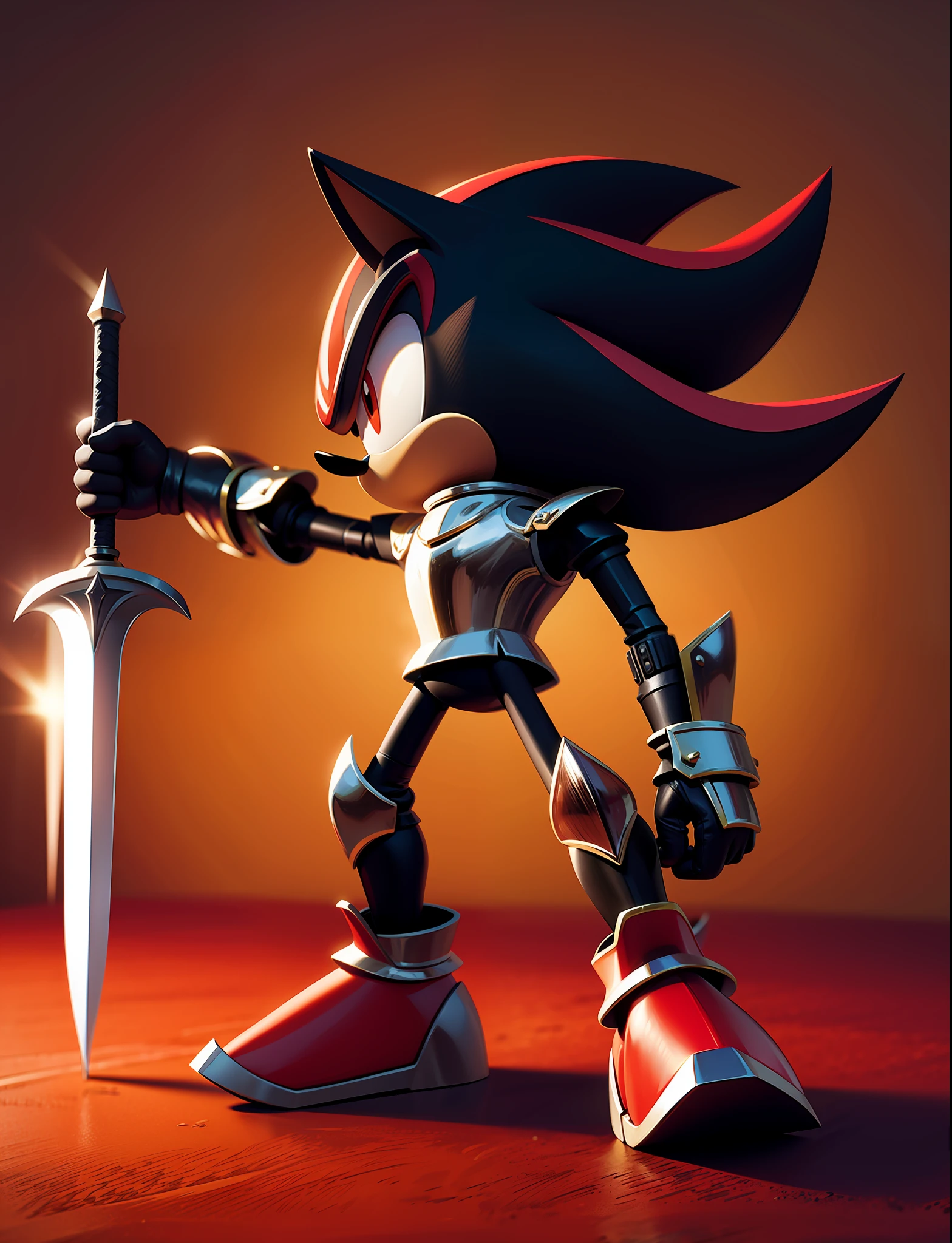 full body, Shadow the hedgehog, knight armor, holding sword,