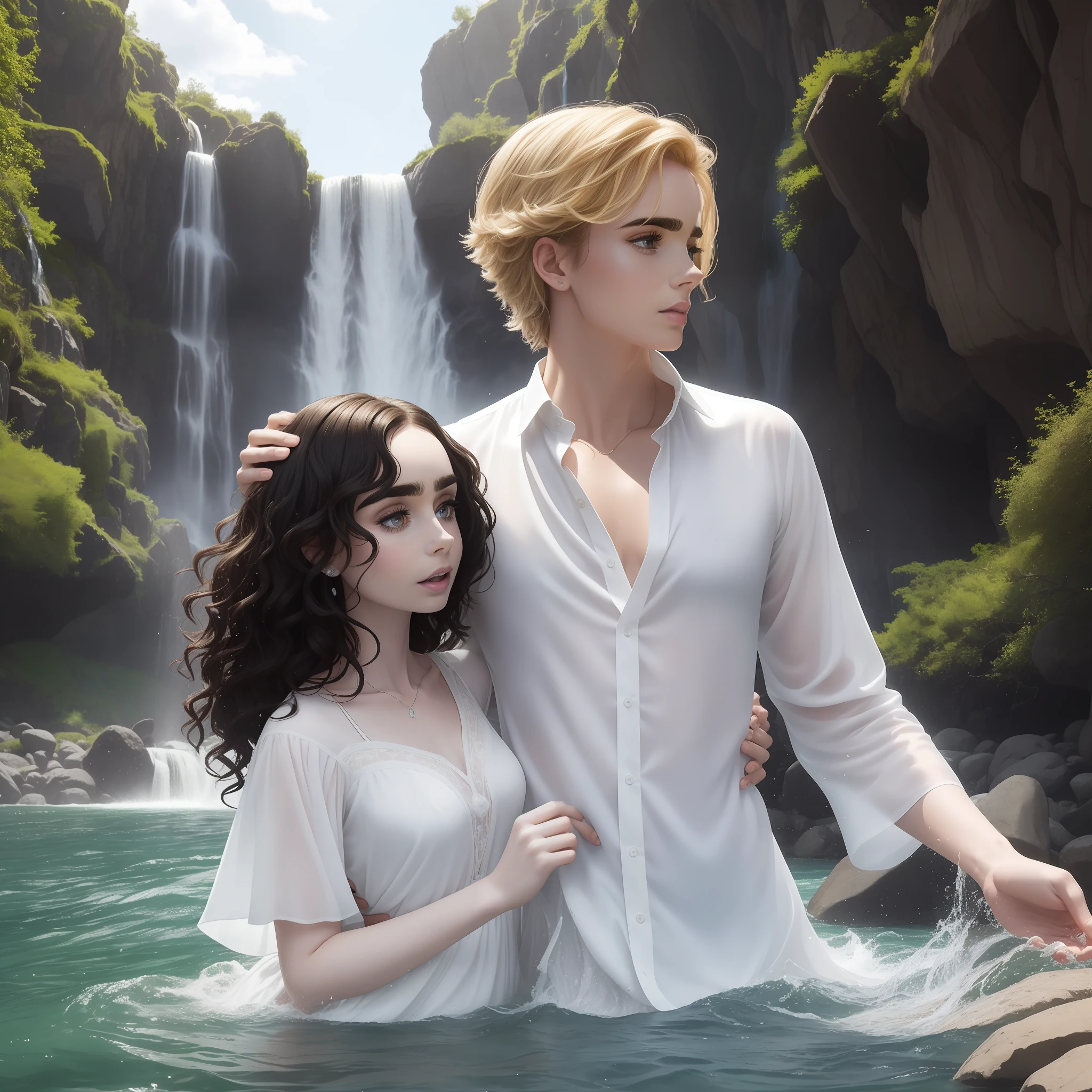 Lily Collins, who has black curly hair. wearing a simple white medieval dress with short sleeve neckline, the Neels Visser wears an unbuttoned white long sleeve shirt and has blonde hair. The couple is swimming in the river, the clothes and hair wet, the river is crystal clear, has rocks and a waterfall at the bottom. The image is extraordinary and beautiful