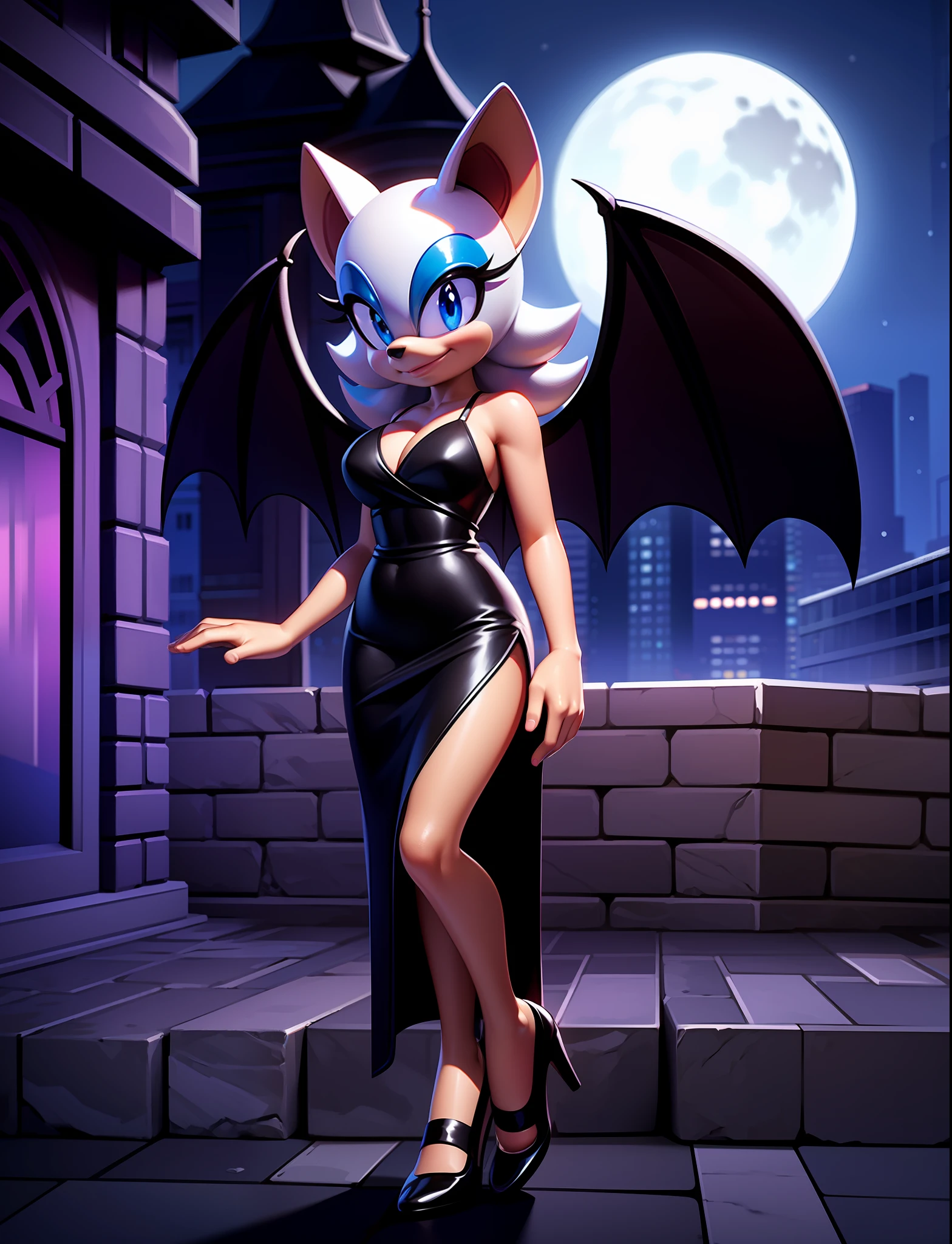 full body, rouge the bat, devil wings,seductive short translucent black dress, cobblestone, full moon, at night, darkness