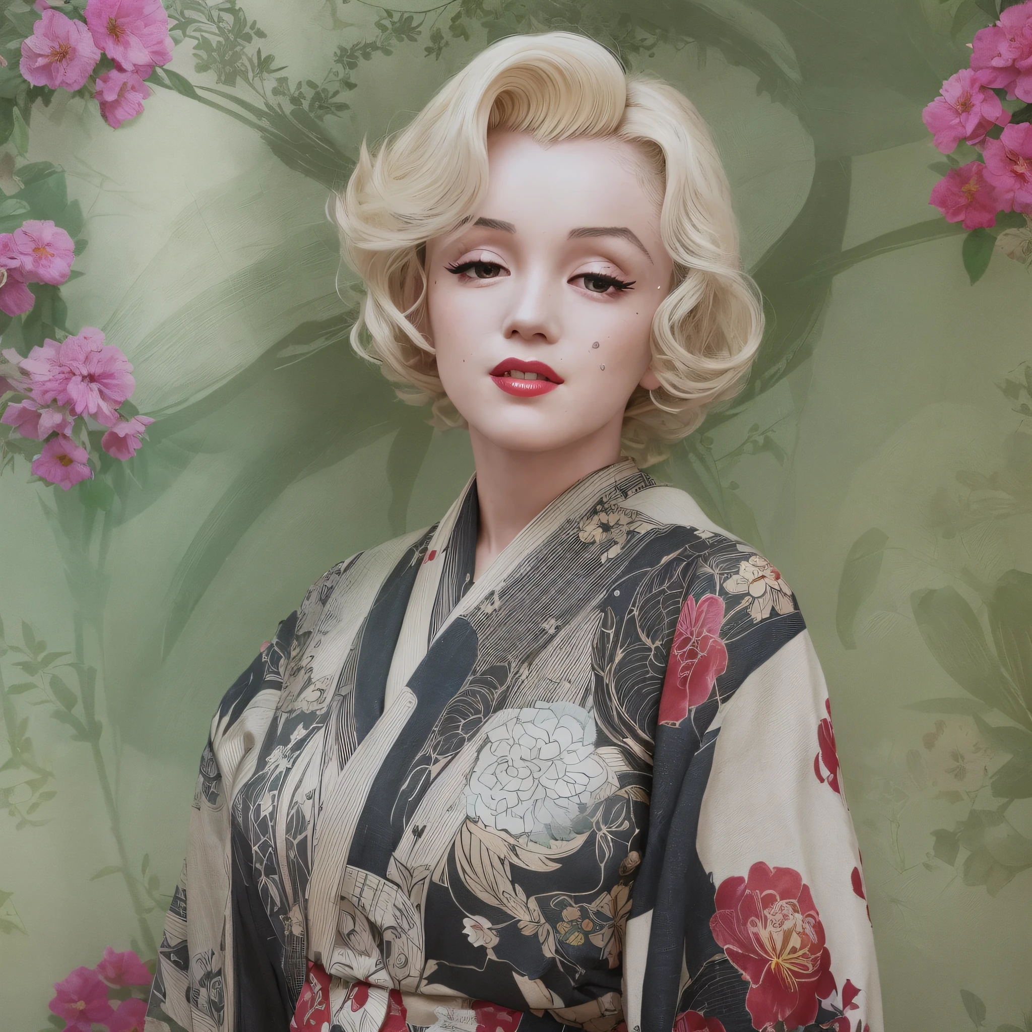 Alafo woman in a kimono with flowers in her hair, ((Beautiful Marilyn Monroe face: 1.4)), American woman, Japanese-style, Japan traditional pattern kimono, wearing kimono, traditional person, model, kimono, Japanese style, white hanf, wearing makeup, red lips, white hair, slender body, wearing long sleeves inside, ((obi and obijime: 1.2)), bewitching pose, top quality, masterpiece, (adult: 1.6), (high definition skin:1.4), (RAW photo, best quality), (realistic, photorealistic: 1.7), fresh breeze, sun tea room through the trees, (detailed skin), realistic texture, muffled light, dense skin, optimal ratio of four fingers to one thumb, diagonal bangs of 46 points,