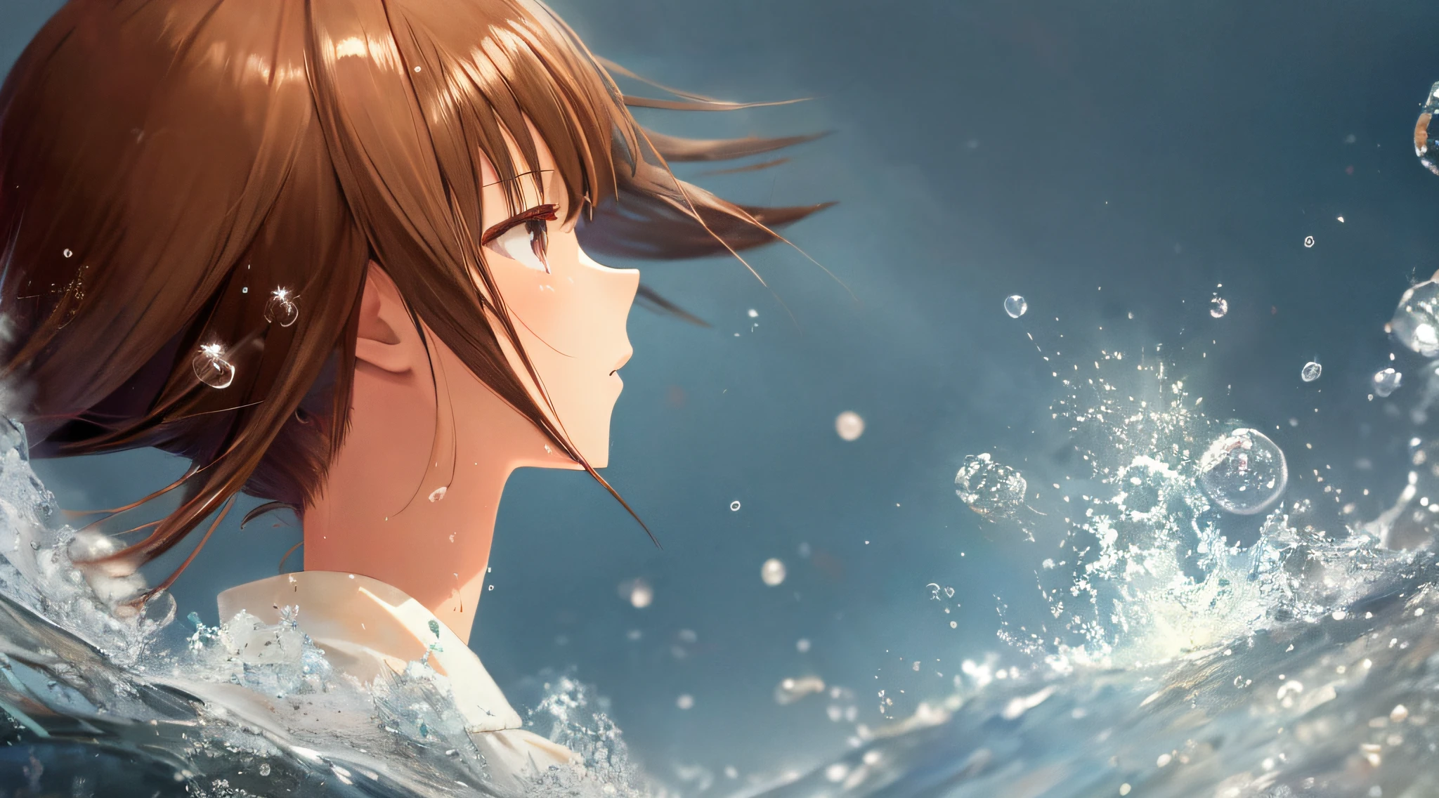 Very detailed anime style illustration, very cute young woman, brown short hair, wearing a white shirt, shirt and hair and face very wet. Water splashes all over the screen, dramatic lighting, Makoto Shinkai anime style.