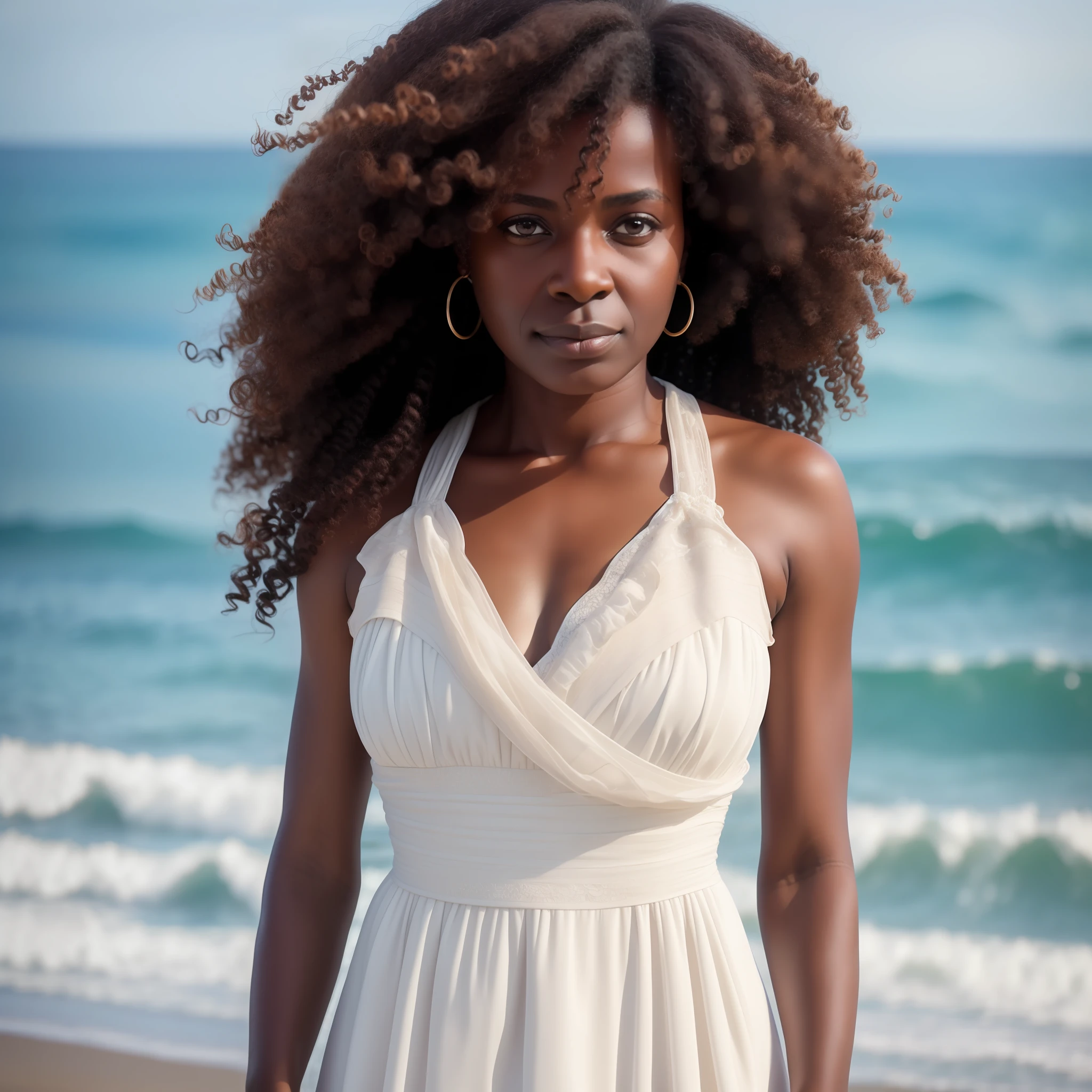 Best quality, masterpiece, detailed skin texture, detailed cloth texture, detailed face, super detail, 8k, intricate detail, woman, mysterious and melancholic expression, gaze directed to the camera, wavy hair, 50 years old, brown skin, white dress, full body, in front of the sea blurred.