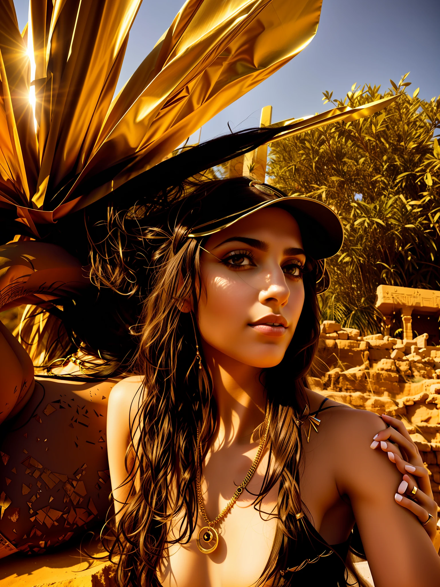 Photo of beautiful Egyptian woman, long hair, (eyes), wearing khaki dress, jewelry, bracelets, sphinx, (pale skin), (full body), detailed, high detail, sharp focus, depth of field, sense of reality