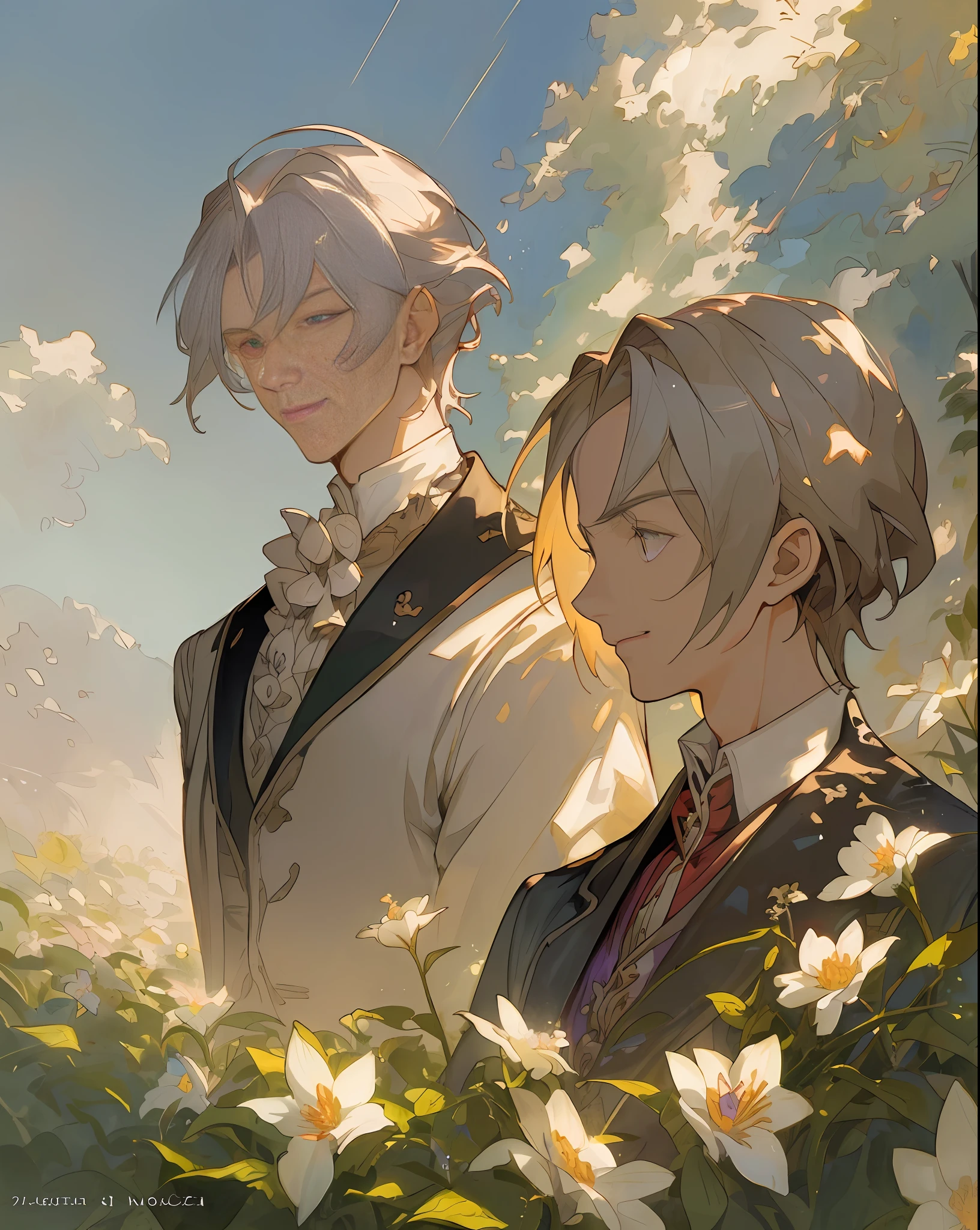 ((top quality, masterpiece)), comic art, concept art, watercolor, (((2 men)), Fate Of Grand Order, Antonio Salieri, Wolfgang Amadeus Mozart, forest, blooming flowers, sunlight, fantastic light and shadow, landscape, highly detailed face, portrait, smile, pose, particle, wind, flower, simple background, backlight and rim light used