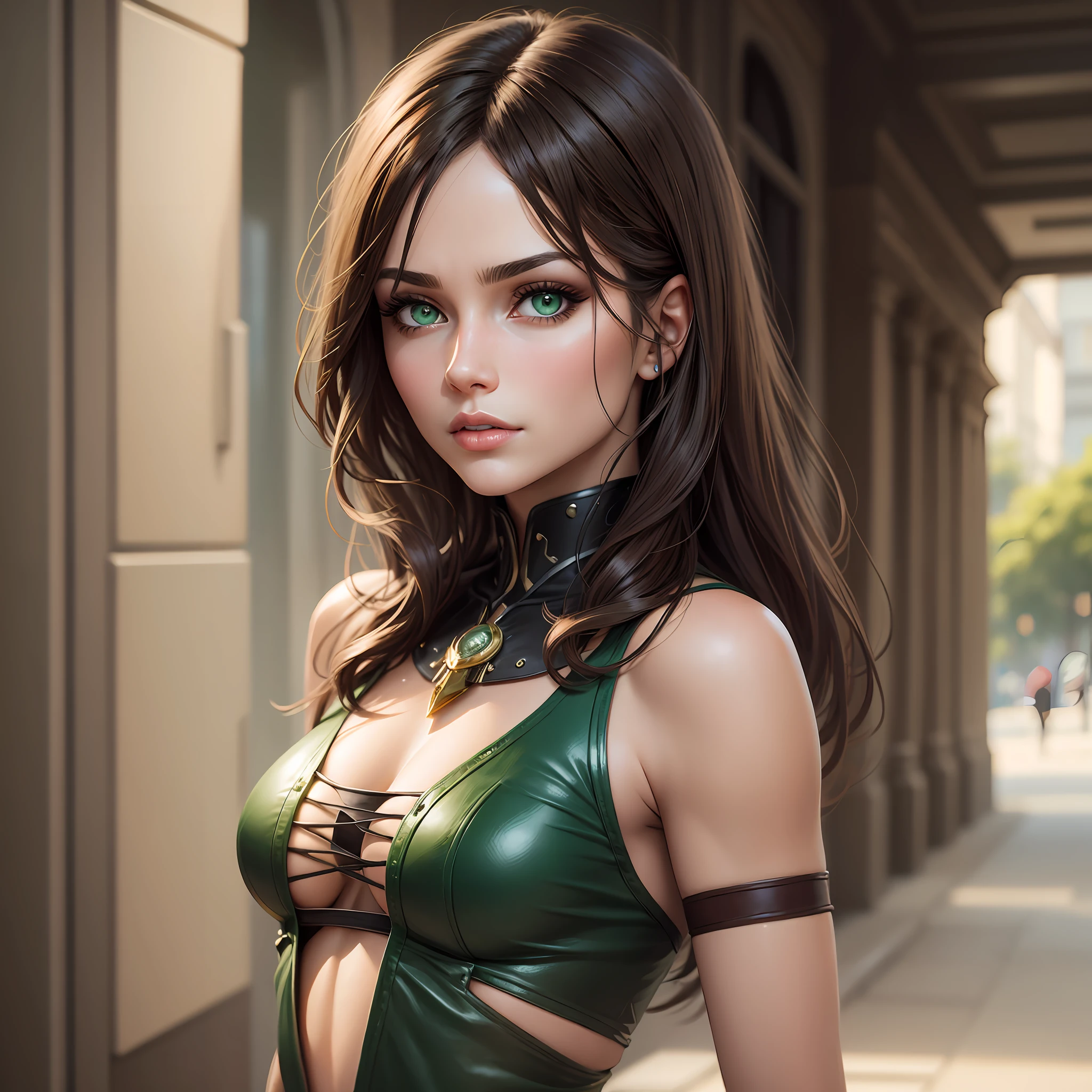 Create a realistic human woman with green eyes brunette