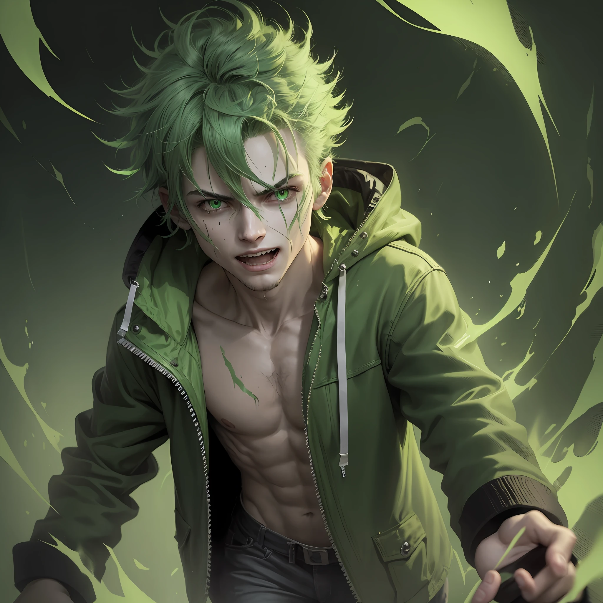 In a room plunged into total darkness. A young man in a green closed jacket and laughed green hair. He walks towards Camara with an enraged face as his left side goes up in green flames showing half of his skull (horror) (action) (detailed) --auto --s2