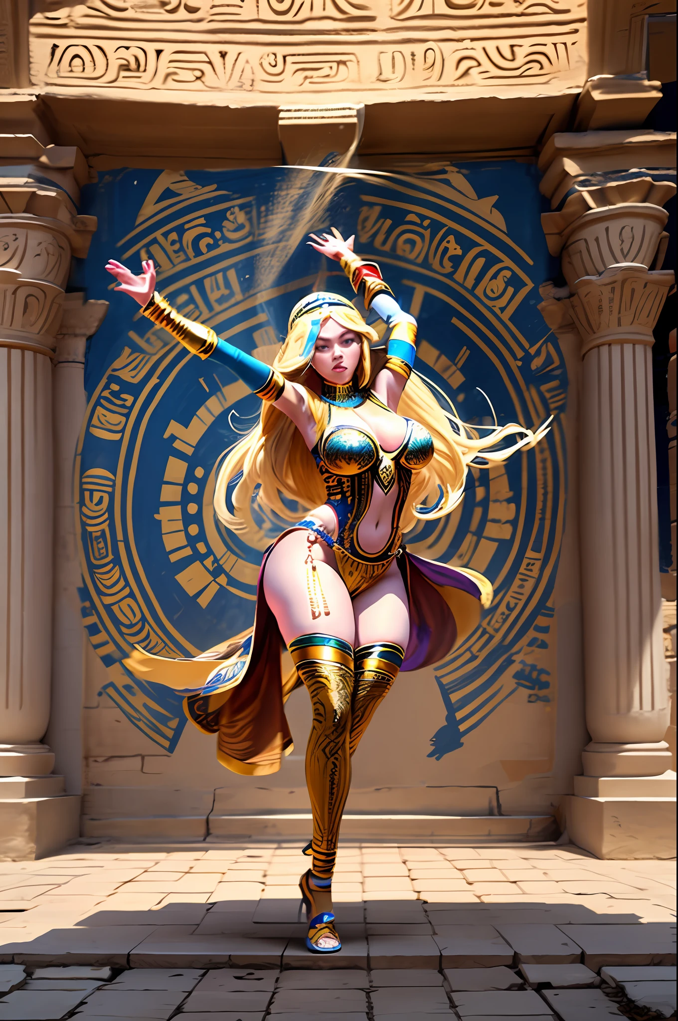 Create Emma stone dressed in Egyptian costumes with large breasts, big butt, shapely legs, with long blonde hair at hip height, performing a dance. The artwork should capture the grace and fluidity of your movements, with intricate details in your clothes and accessories. Use a color palette inspired by the vibrant tones found in ancient Egyptian murals and wall paintings to create a visually stunning representation.