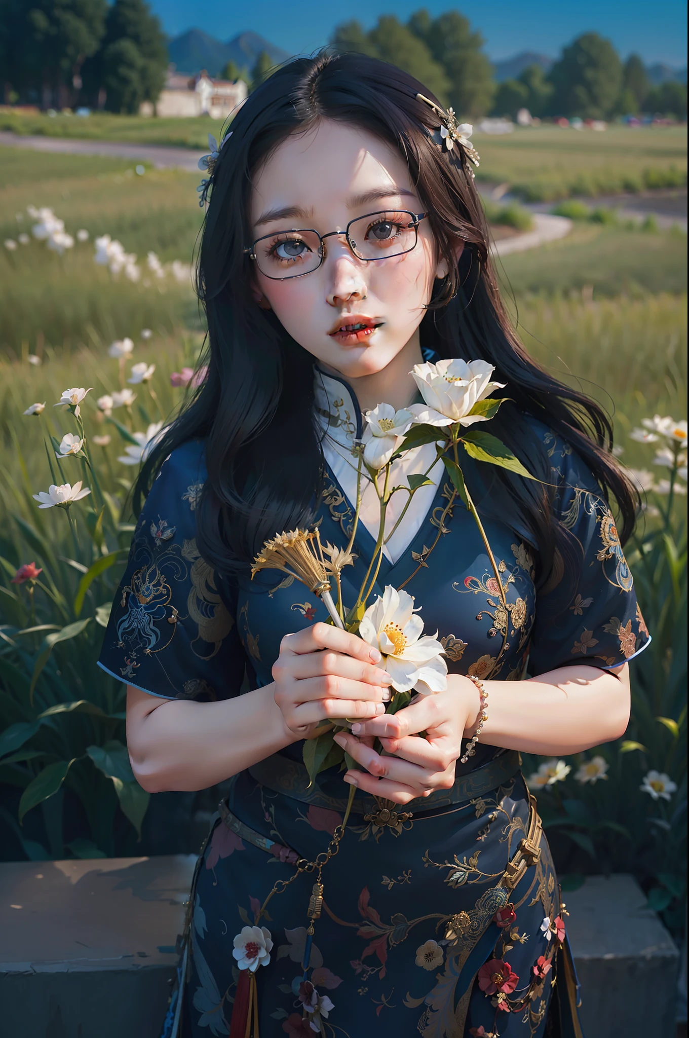 ((((Du Juan))), (((Christy Ren))), a woman holding a magic flower, ((medium portrait))), created by the author (((Zhang Li))), the highest quality environmental portrait, designed by ((((Lofe))), taken in a 50mm portrait or 70mm portrait lens, portrait ((((Zhang Louise)))), Li Zixin, inspired by ((((Mei Qing))).