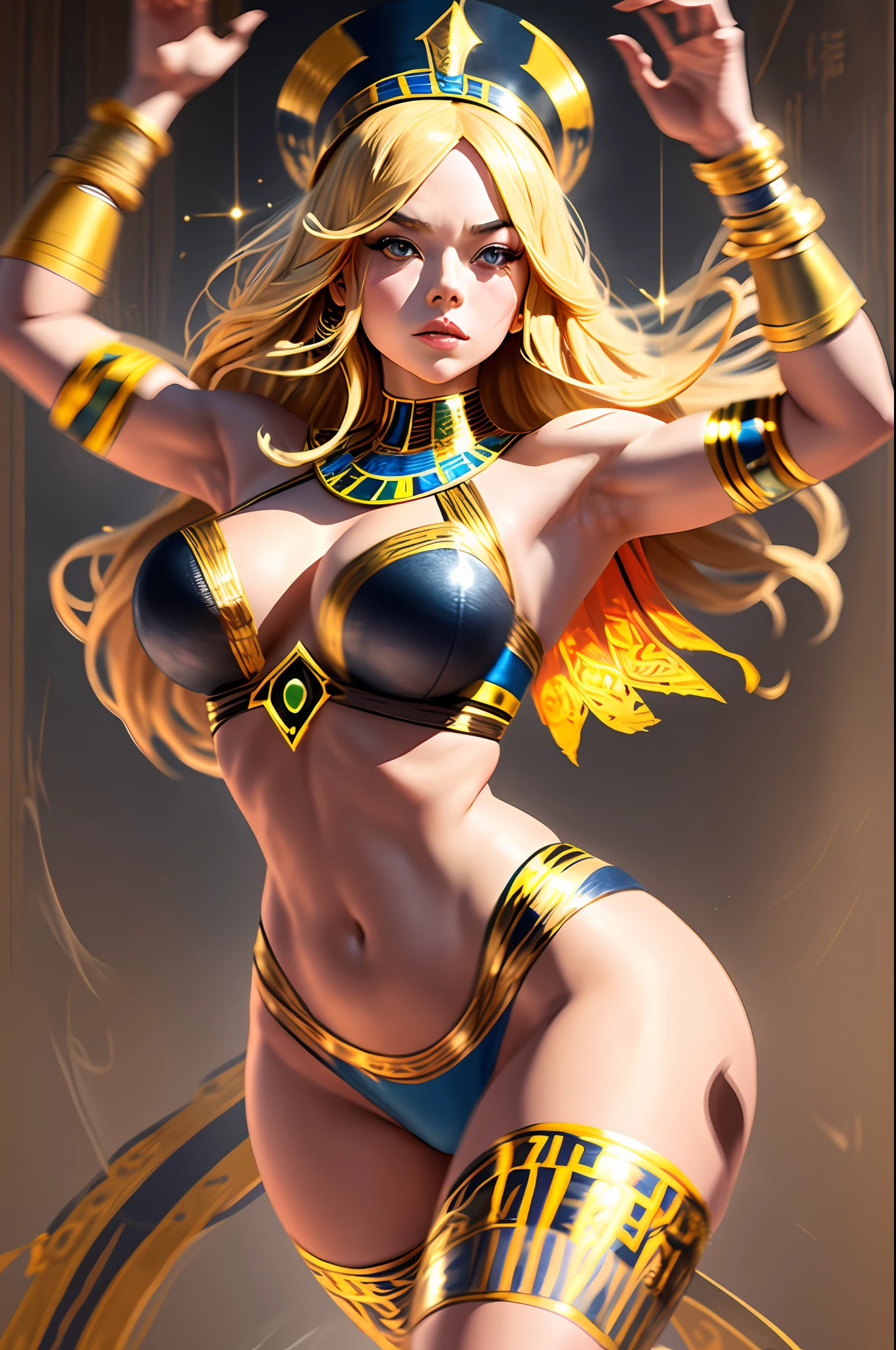 Create Emma stone dressed in Egyptian costumes with large breasts, big butt, shapely legs, with long blonde hair at hip height, performing a dance. The artwork should capture the grace and fluidity of your movements, with intricate details in your clothes and accessories. Use a color palette inspired by the vibrant tones found in ancient Egyptian murals and wall paintings to create a visually stunning representation.