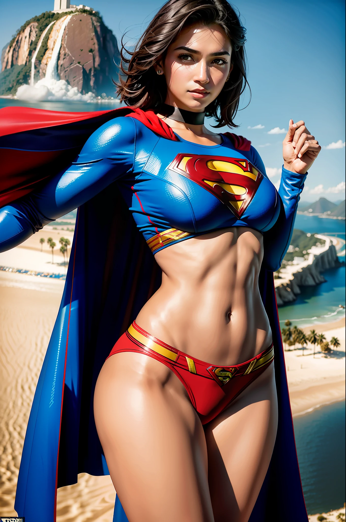 Brown woman posing for photo of L Ji, cg social trends, plastic, very short hair color black, thin waist and thick hips, (strong abdomen), ((beauty)), rulê collar, very white skin, in snow, feminine and muscular, (natural breasts: 1.5), (big ass), smiling, Korean Tiandan, (best quality: 1.3), (masterpiece: 1.3), (realistic: 1.4), (detail: 1.1), (Superman's S:  1.3) works of art fly over the city of Rio de Janeiro, Brazil. The artwork should be extremely detailed and accurately depict the character of Superman, including his blue and red costume, cape, and insignia. The art must be created in high resolution 8K or 4K and must be rendered in 3D to give a realistic quality. Art must also be created in 8D for greater depth and dimension. The overall style of the artwork should be photorealistic, with an emphasis on capturing the vibrant colors and energy of Rio de Janeiro. Be sure to include iconic landmarks like the Christ the Redeemer statue and Sugarloaf Mountain. The final work should be of the highest quality and match the level of detail and realism found in professional Adobe Photoshop work.