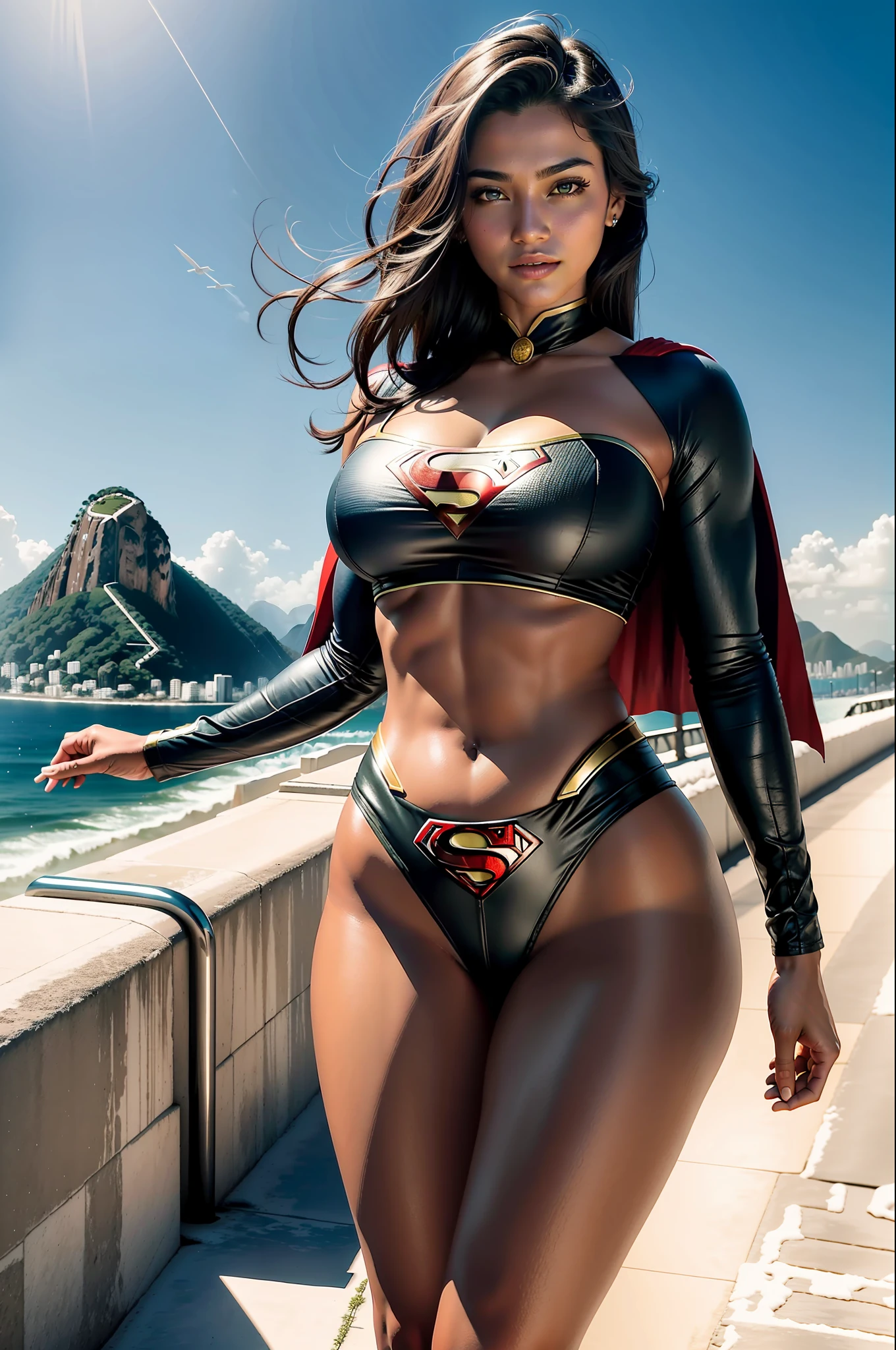 Brown woman posing for photo of L Ji, cg social trends, plastic, very short hair color black, thin waist and thick hips, (strong abdomen), ((beauty)), rulê collar, very white skin, in snow, feminine and muscular, (natural breasts: 1.5), (big ass), smiling, Korean Tiandan, (best quality: 1.3), (masterpiece: 1.3), (realistic: 1.4), (detail: 1.1), (Superman's S: 1.3) works of art fly over the city of Rio de Janeiro, Brazil. The artwork should be extremely detailed and accurately depict the character of Superman, including his blue and red costume, cape, and insignia. The art must be created in high resolution 8K or 4K and must be rendered in 3D to give a realistic quality. Art must also be created in 8D for greater depth and dimension. The overall style of the artwork should be photorealistic, with an emphasis on capturing the vibrant colors and energy of Rio de Janeiro. Be sure to include iconic landmarks like the Christ the Redeemer statue and Sugarloaf Mountain. The final work should be of the highest quality and match the level of detail and realism found in professional Adobe Photoshop work.