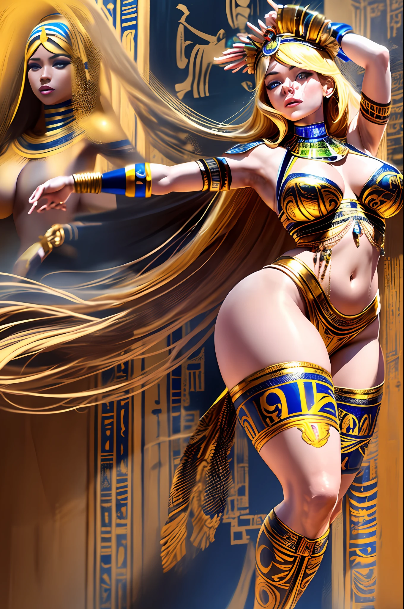Create Emma stone dressed in Egyptian costumes with large breasts, big butt, shapely legs, with long blonde hair at hip height, performing a dance. The artwork should capture the grace and fluidity of your movements, with intricate details in your clothes and accessories. Use a color palette inspired by the vibrant tones found in ancient Egyptian murals and wall paintings to create a visually stunning representation.