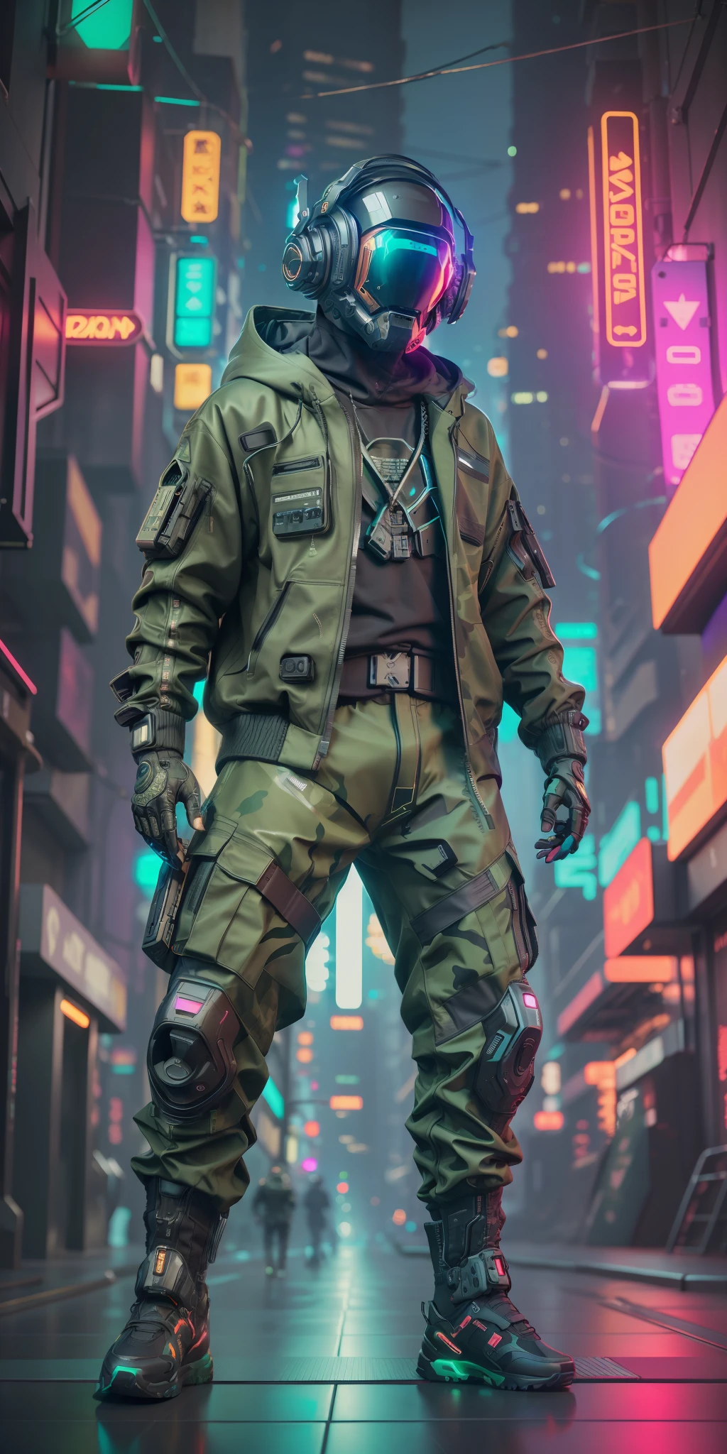 (masterpiece, full body shot, intricate raw photography) Cyberpunk citizen, comfortable super oversized asymetrical  
green camouflage pattern techwear jacket, black hoodie, black cargo pants, black clothing, dark, wearing a futuristic black high-tech helmet daft punk style, aerodynamic, intricate, futuristic, advanced technology, dark environment, dramatic, light and shadow, cinematic, action movie, sharpness, random relaxed position, cyberpunk city, street neon lights, dark street, night, insta photo, photo of the year,  octane render, substance, Maya 3D, cinema4D, ArtStation Trending, Devian Art Trend,